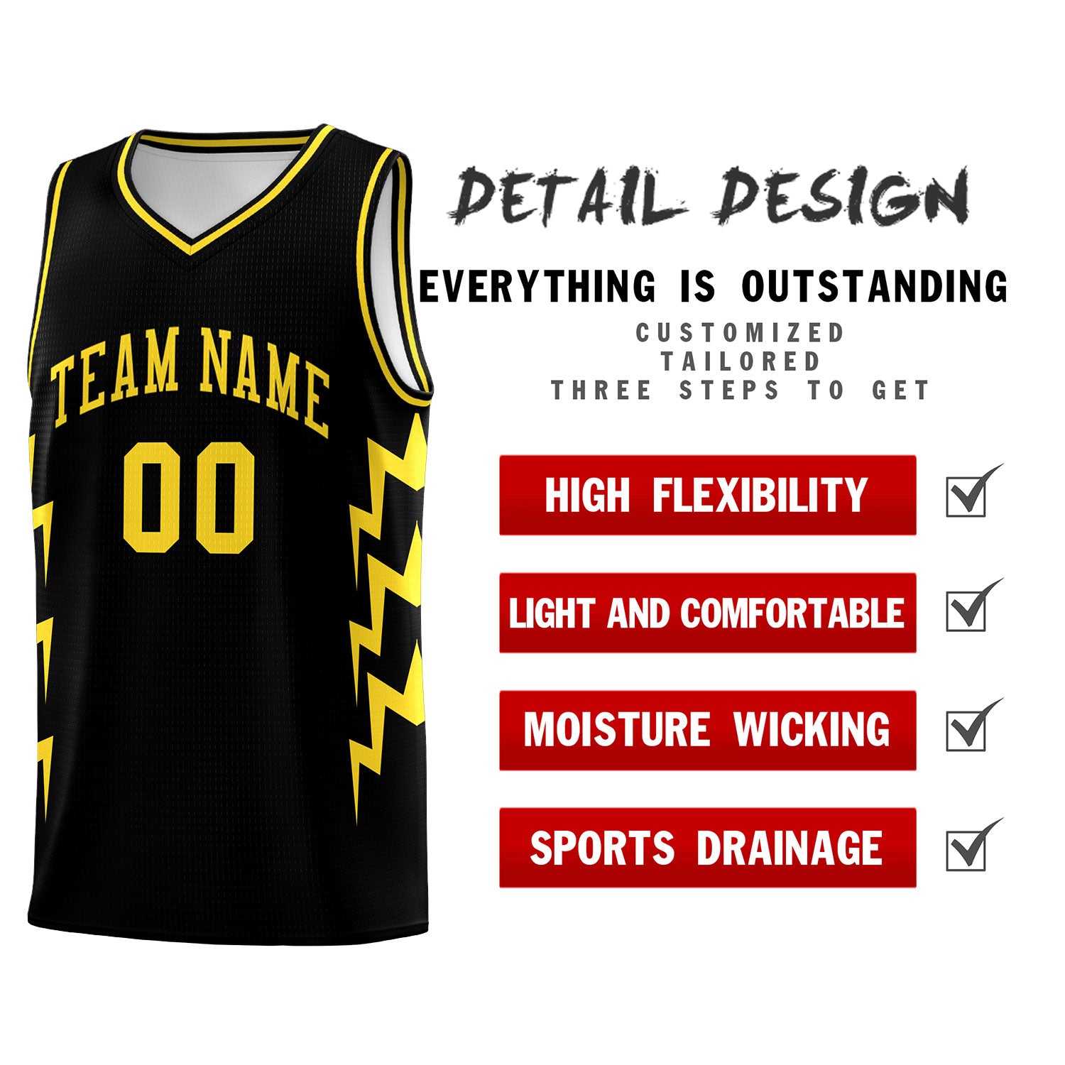 Custom Black Side Lightning Pattern Sports Uniform Basketball Jersey