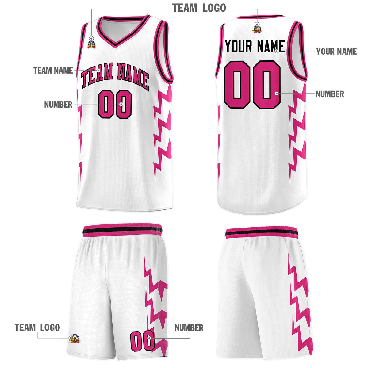 Custom White Side Lightning Pattern Sports Uniform Basketball Jersey