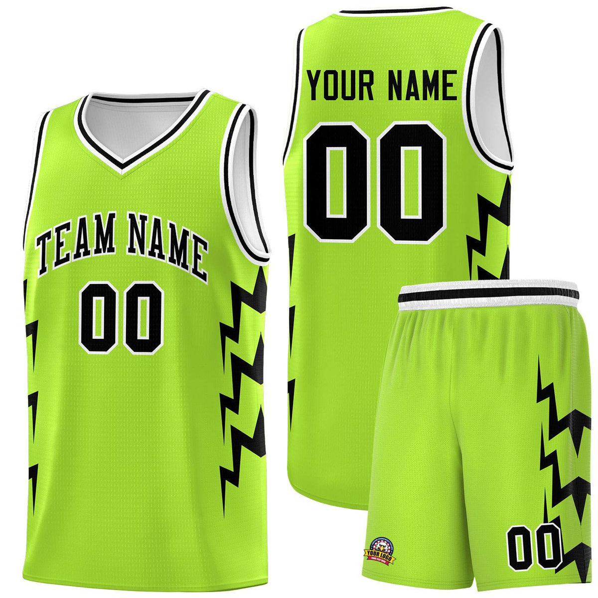 Custom Neon Green Side Lightning Pattern Sports Uniform Basketball Jersey