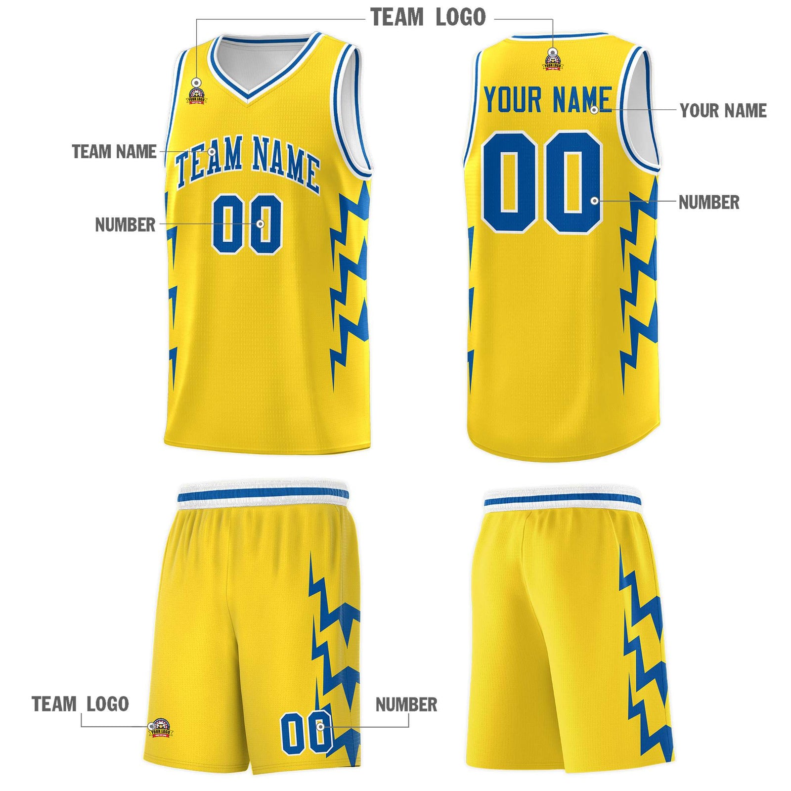 Custom Gold Side Lightning Pattern Sports Uniform Basketball Jersey