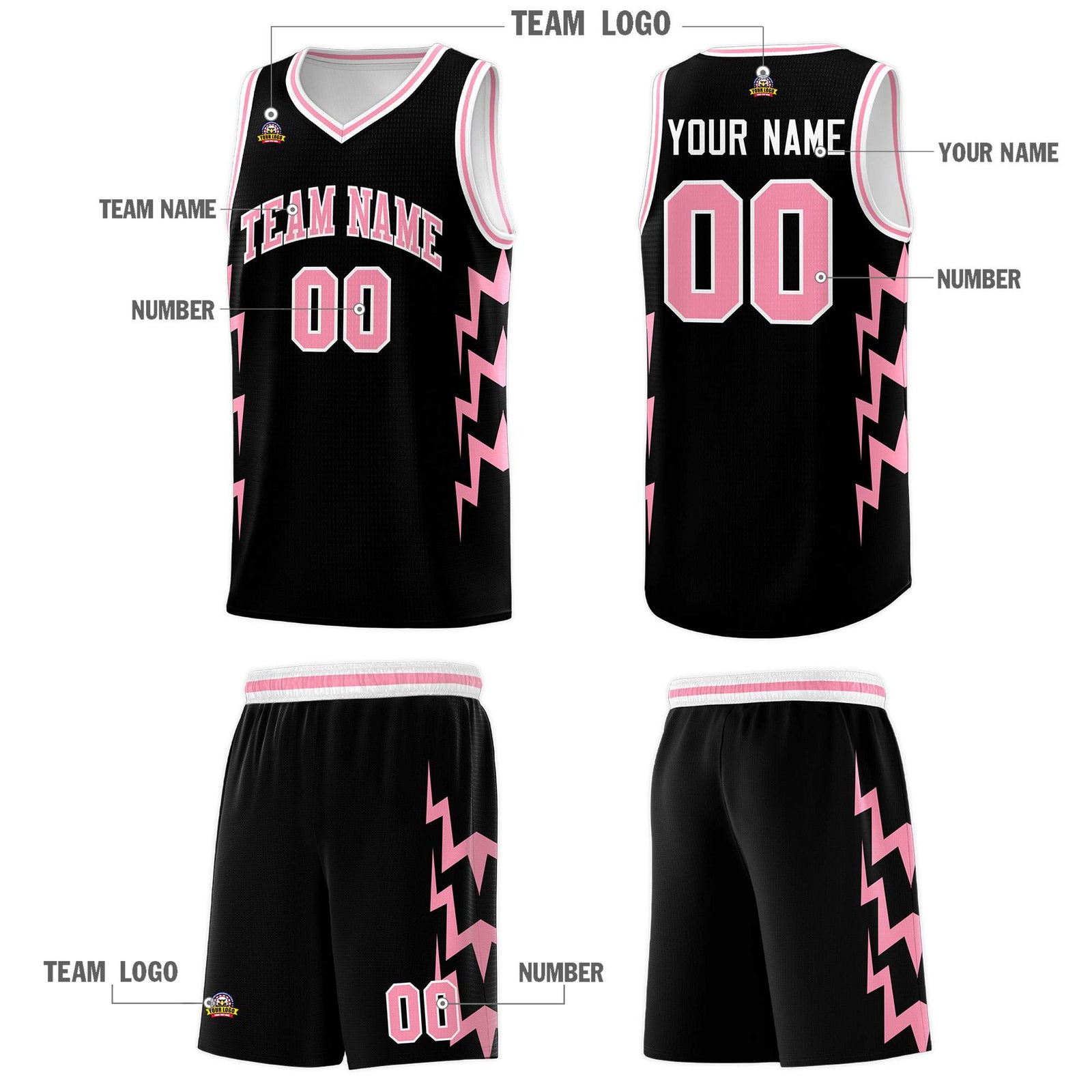 Custom Black Side Lightning Pattern Sports Uniform Basketball Jersey
