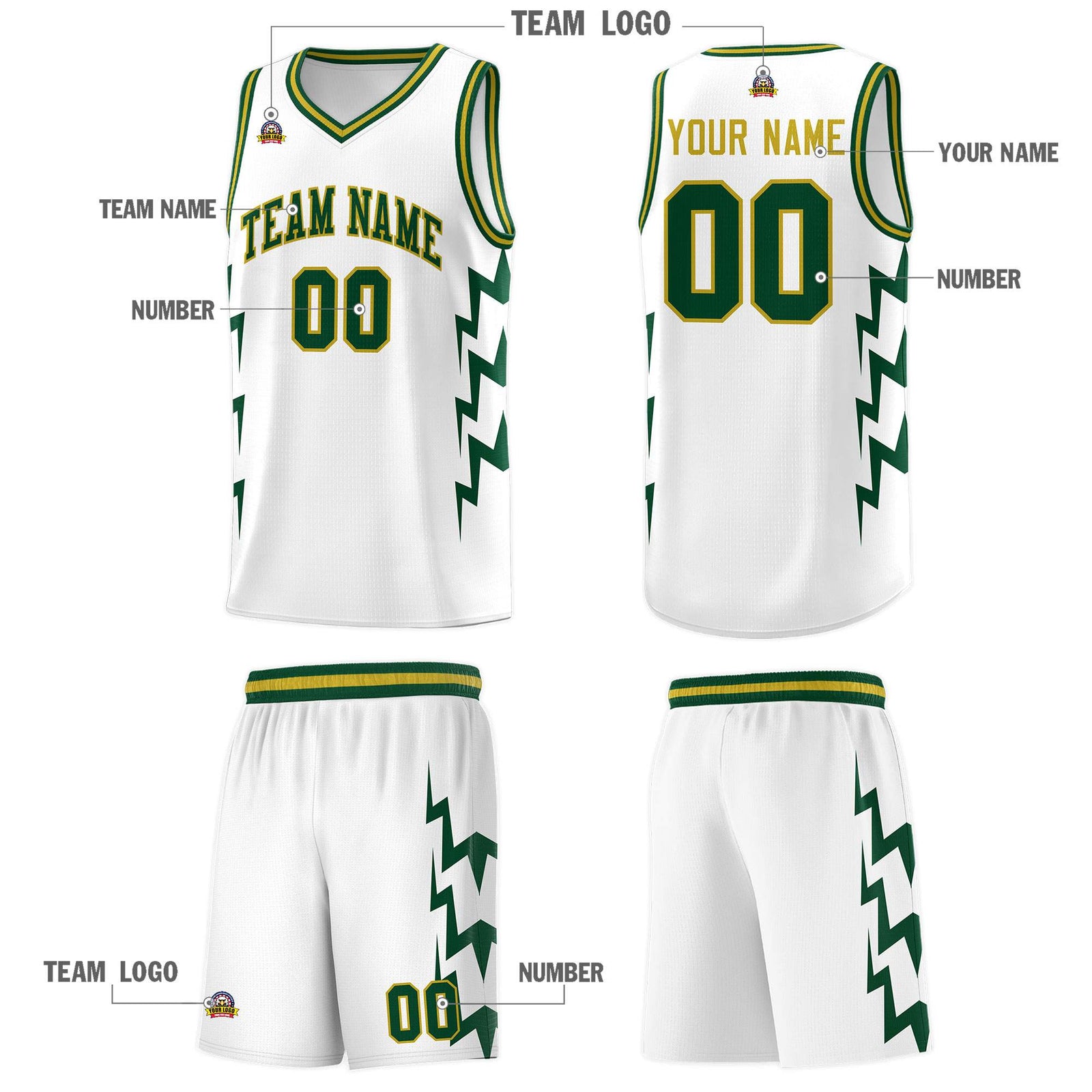Custom White Side Lightning Pattern Sports Uniform Basketball Jersey