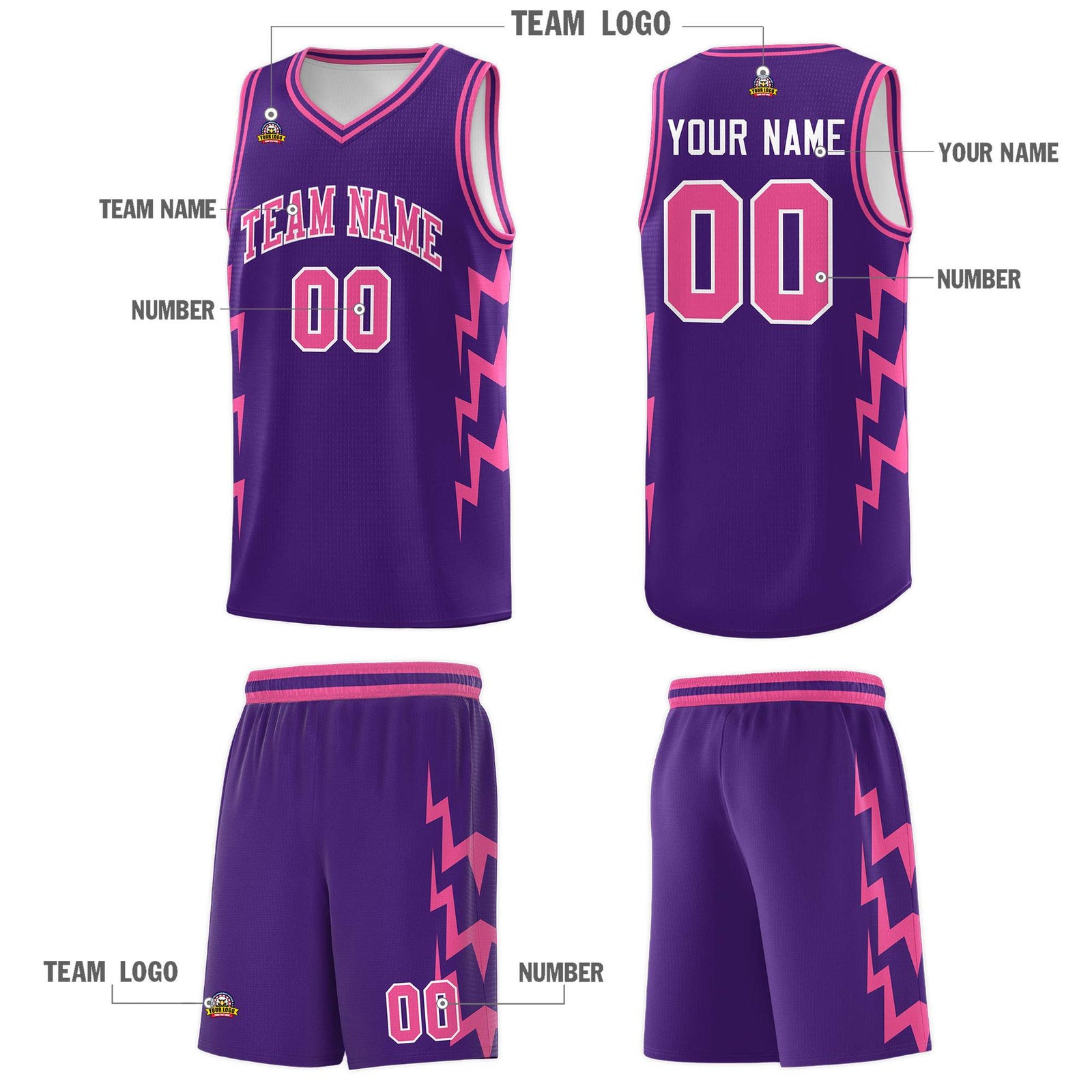 Custom Purple Side Lightning Pattern Sports Uniform Basketball Jersey
