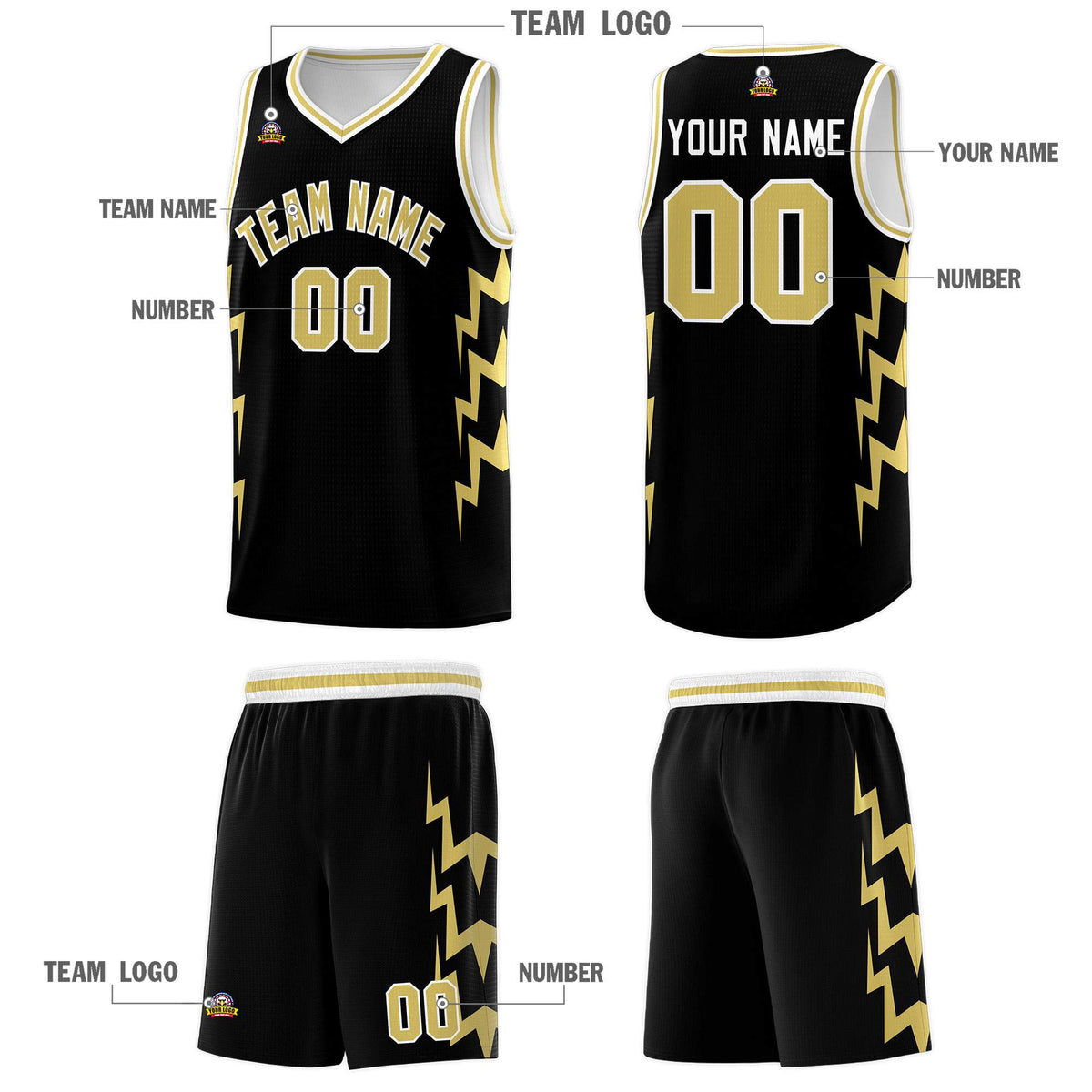 Custom Black Side Lightning Pattern Sports Uniform Basketball Jersey