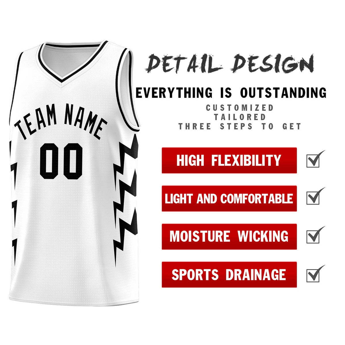 Custom White Side Lightning Pattern Sports Uniform Basketball Jersey