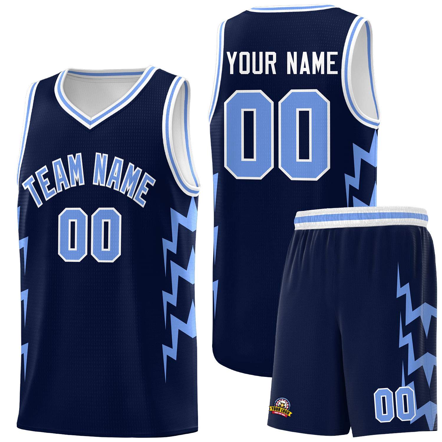Custom Navy Side Lightning Pattern Sports Uniform Basketball Jersey