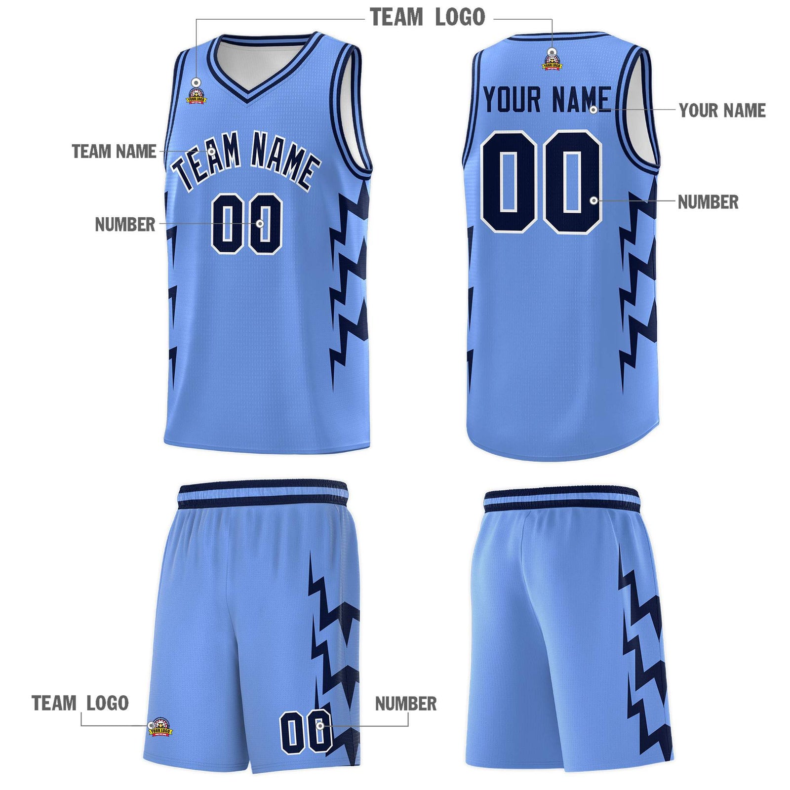 Custom Light Blue Side Lightning Pattern Sports Uniform Basketball Jersey