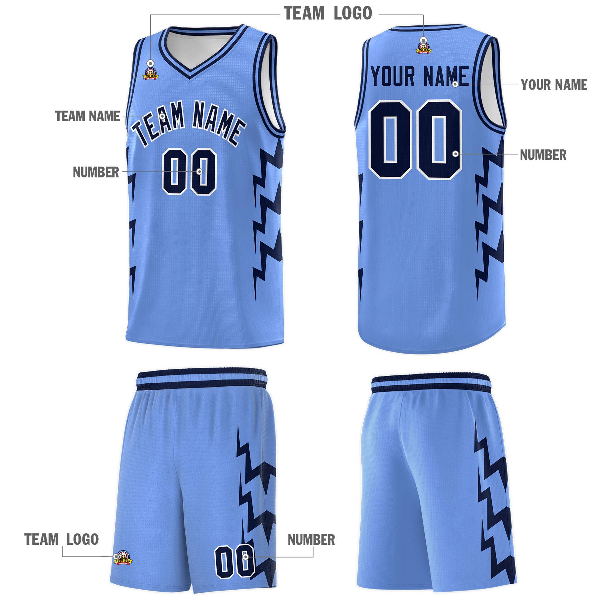 Custom Light Blue Side Lightning Pattern Sports Uniform Basketball Jersey