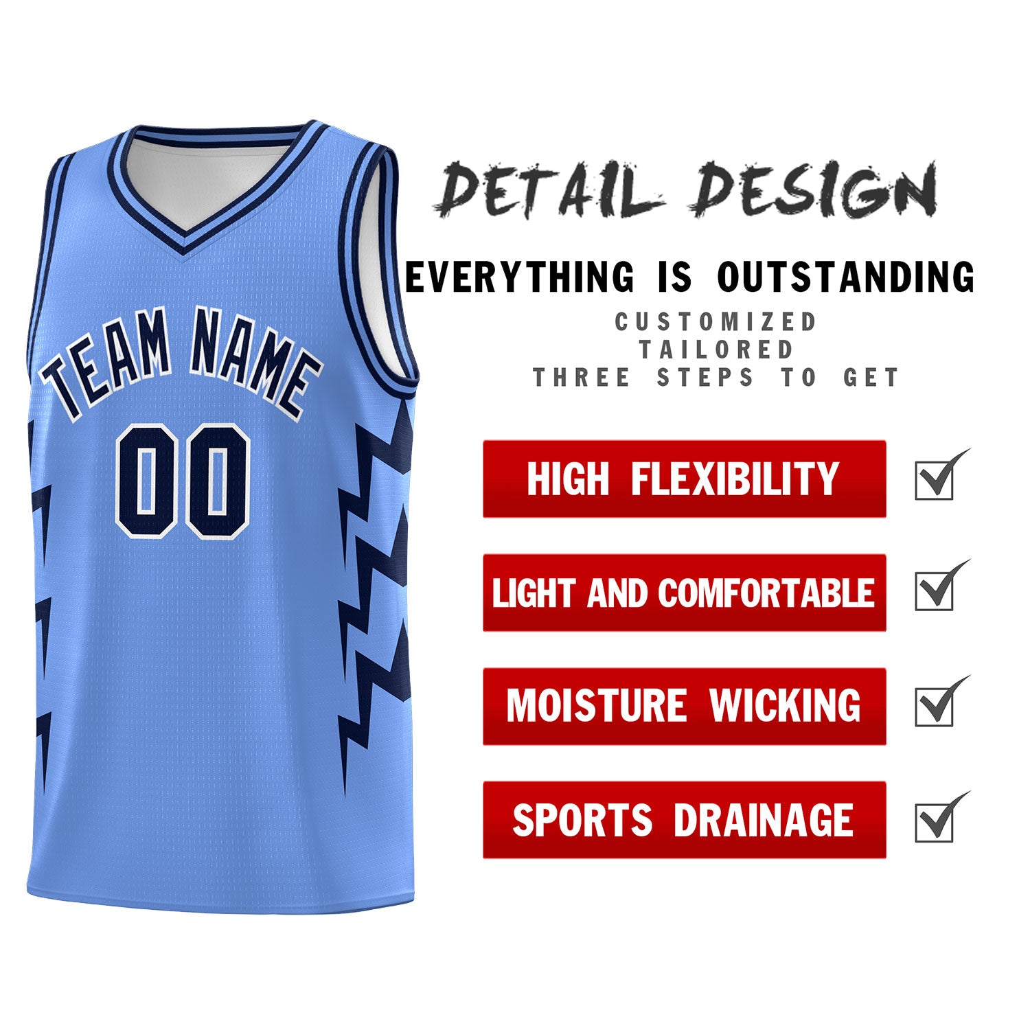 Custom Light Blue Side Lightning Pattern Sports Uniform Basketball Jersey