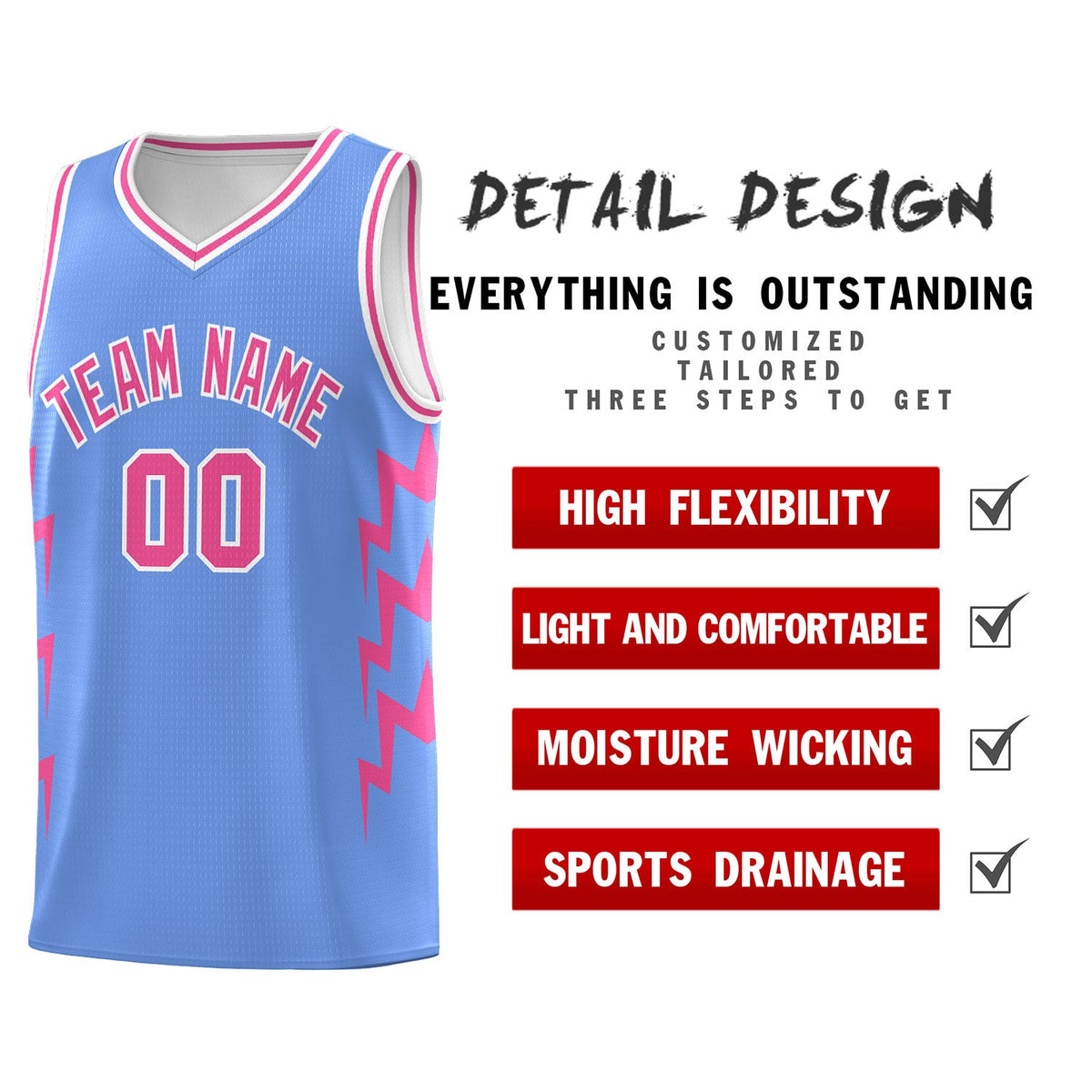 Custom Light Blue Side Lightning Pattern Sports Uniform Basketball Jersey