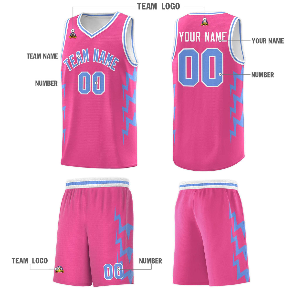 Custom Pink Side Lightning Pattern Sports Uniform Basketball Jersey