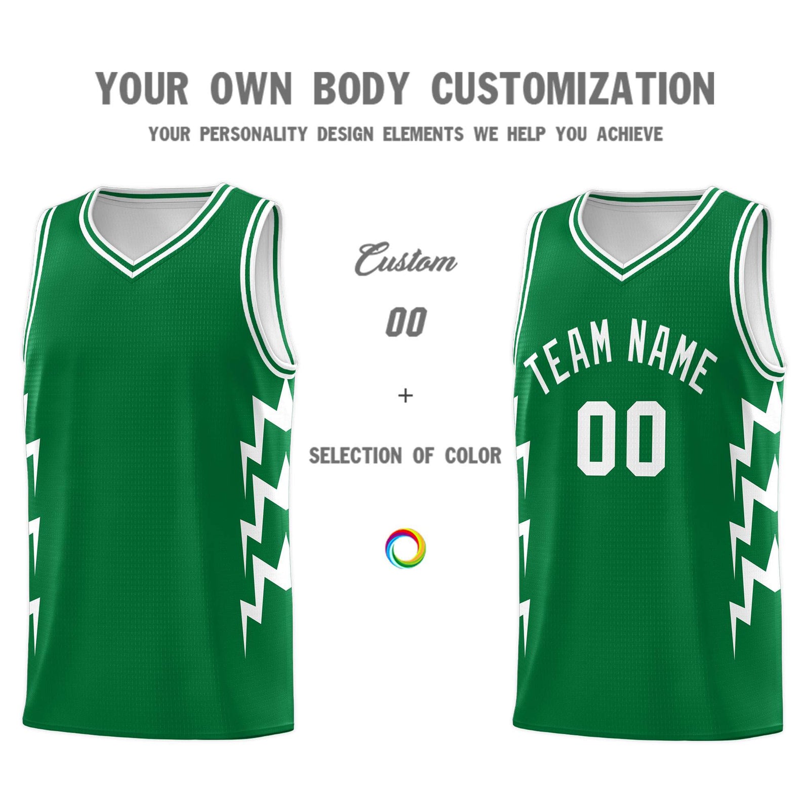 Custom Kelly Green Side Lightning Pattern Sports Uniform Basketball Jersey