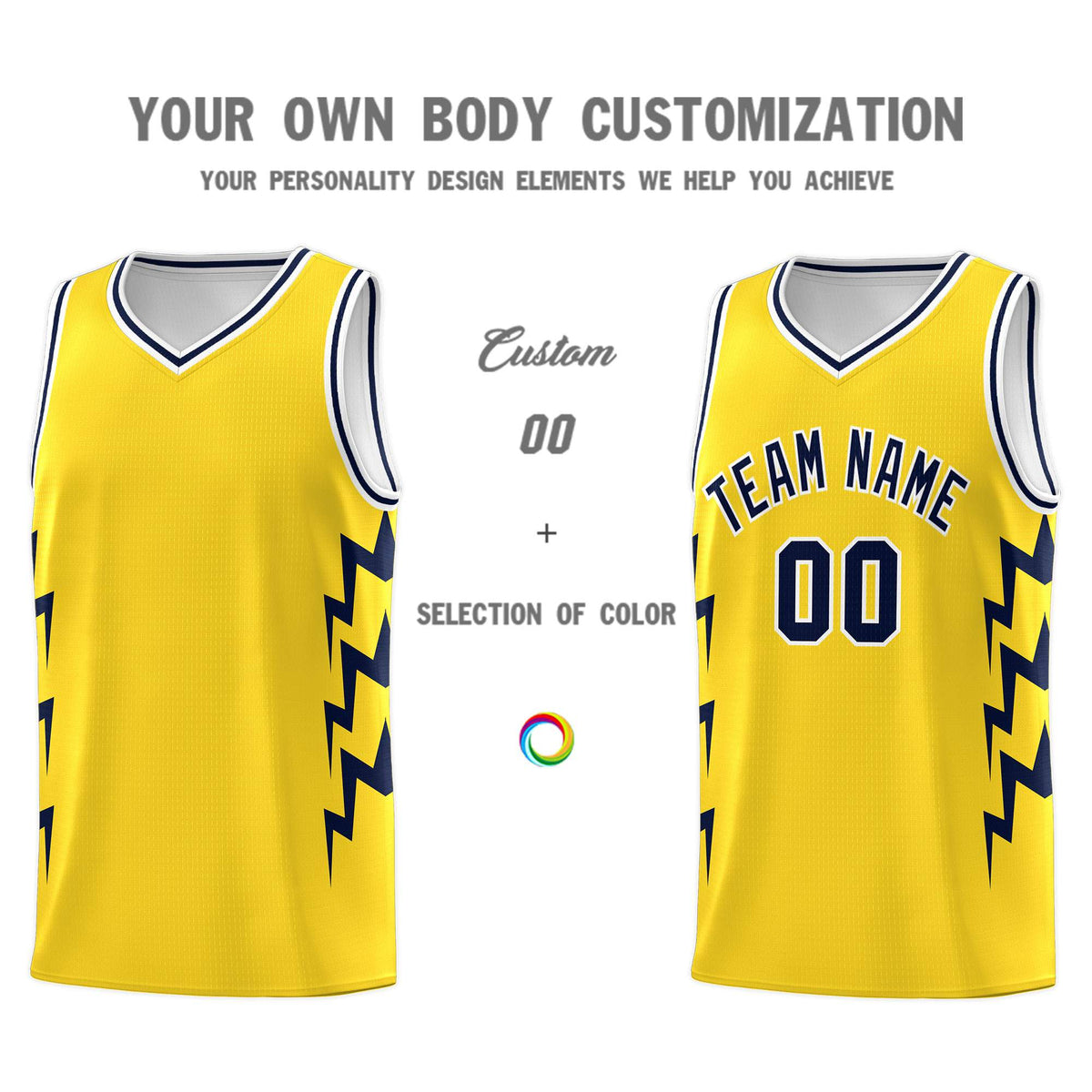 Custom Gold Side Lightning Pattern Sports Uniform Basketball Jersey