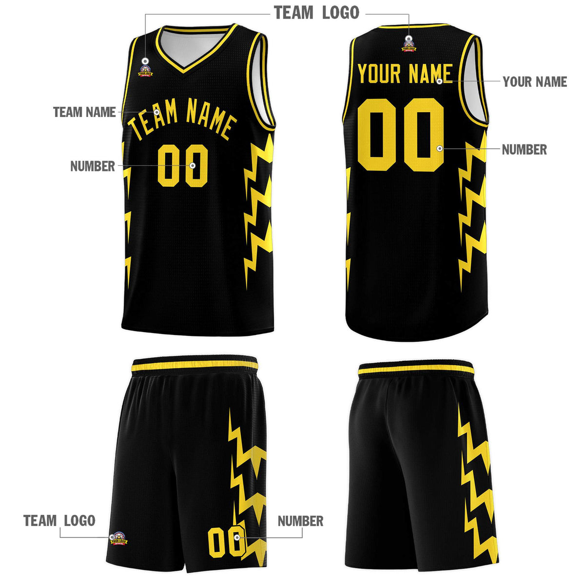 Custom Black Side Lightning Pattern Sports Uniform Basketball Jersey