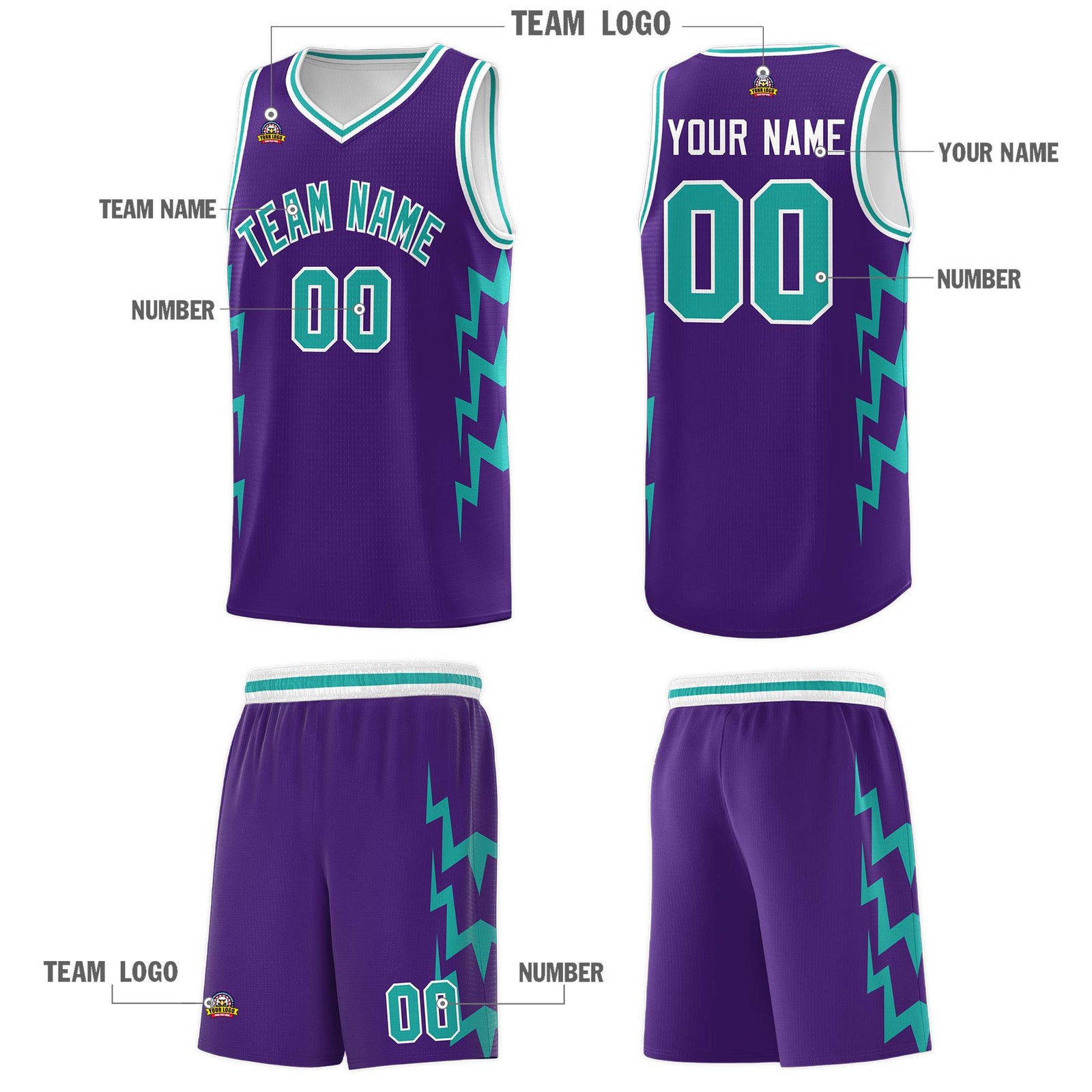 Custom Purple Side Lightning Pattern Sports Uniform Basketball Jersey