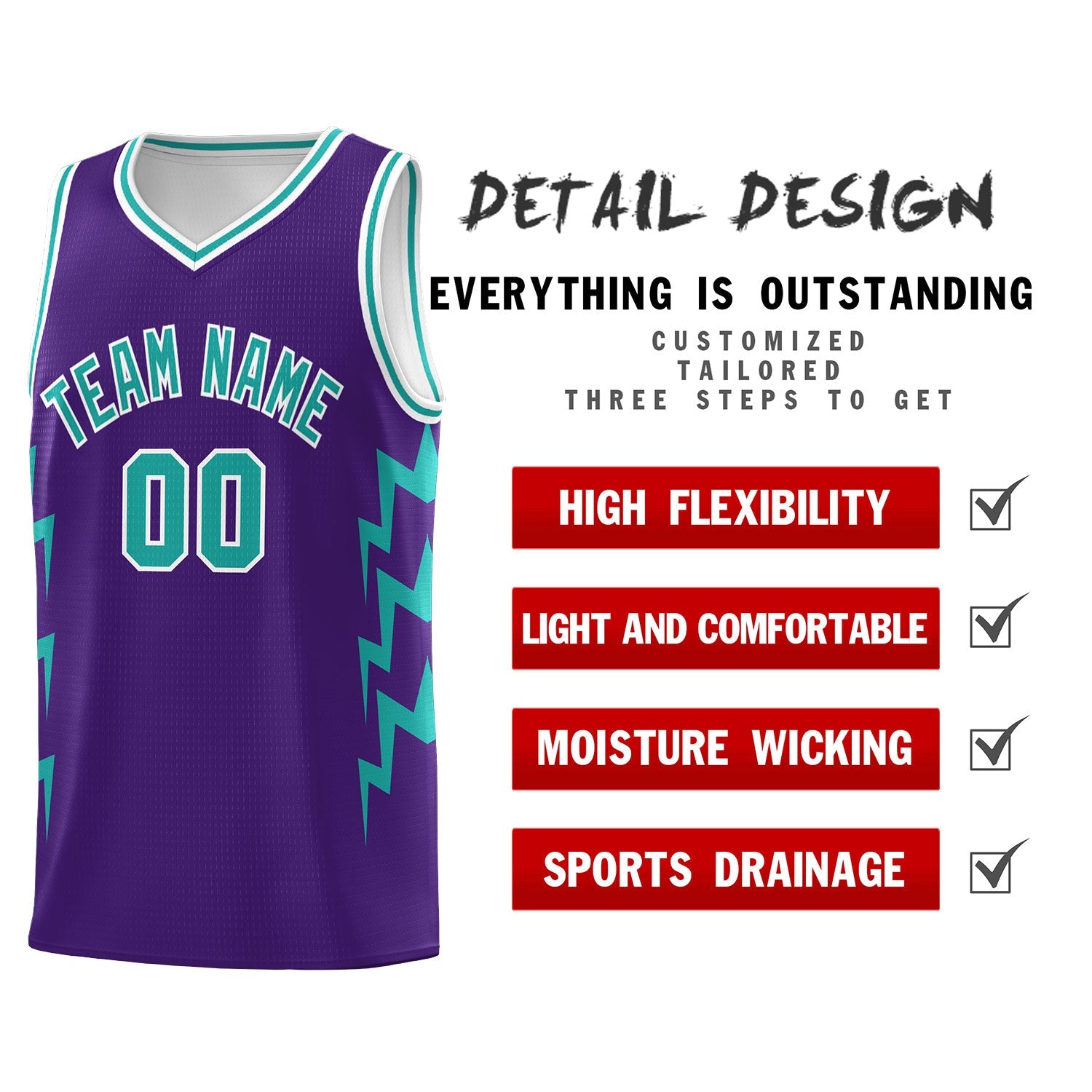 Custom Purple Side Lightning Pattern Sports Uniform Basketball Jersey