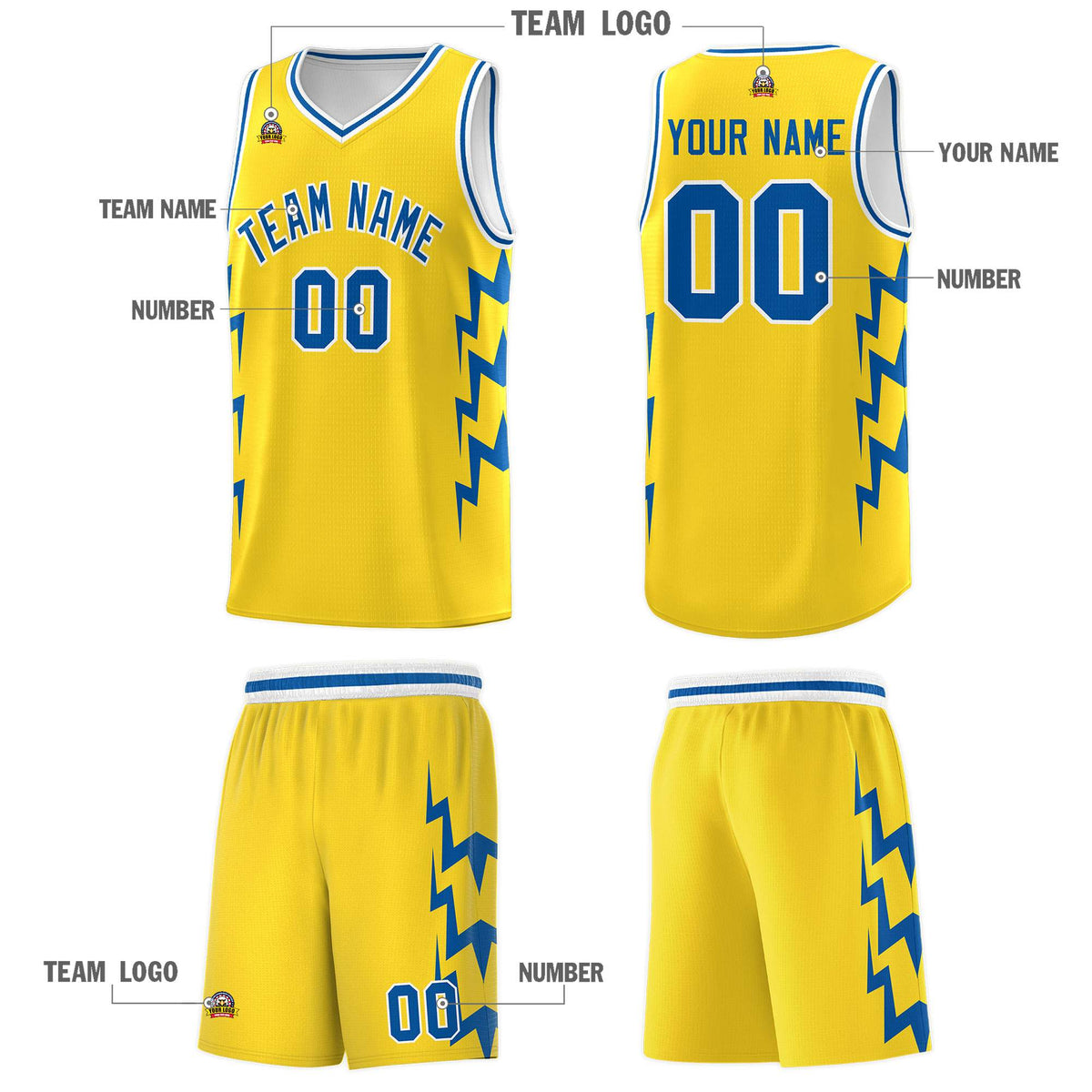 Custom Gold Side Lightning Pattern Sports Uniform Basketball Jersey