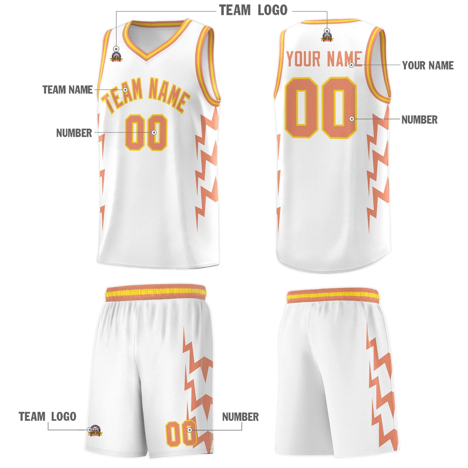 Custom White Side Lightning Pattern Sports Uniform Basketball Jersey