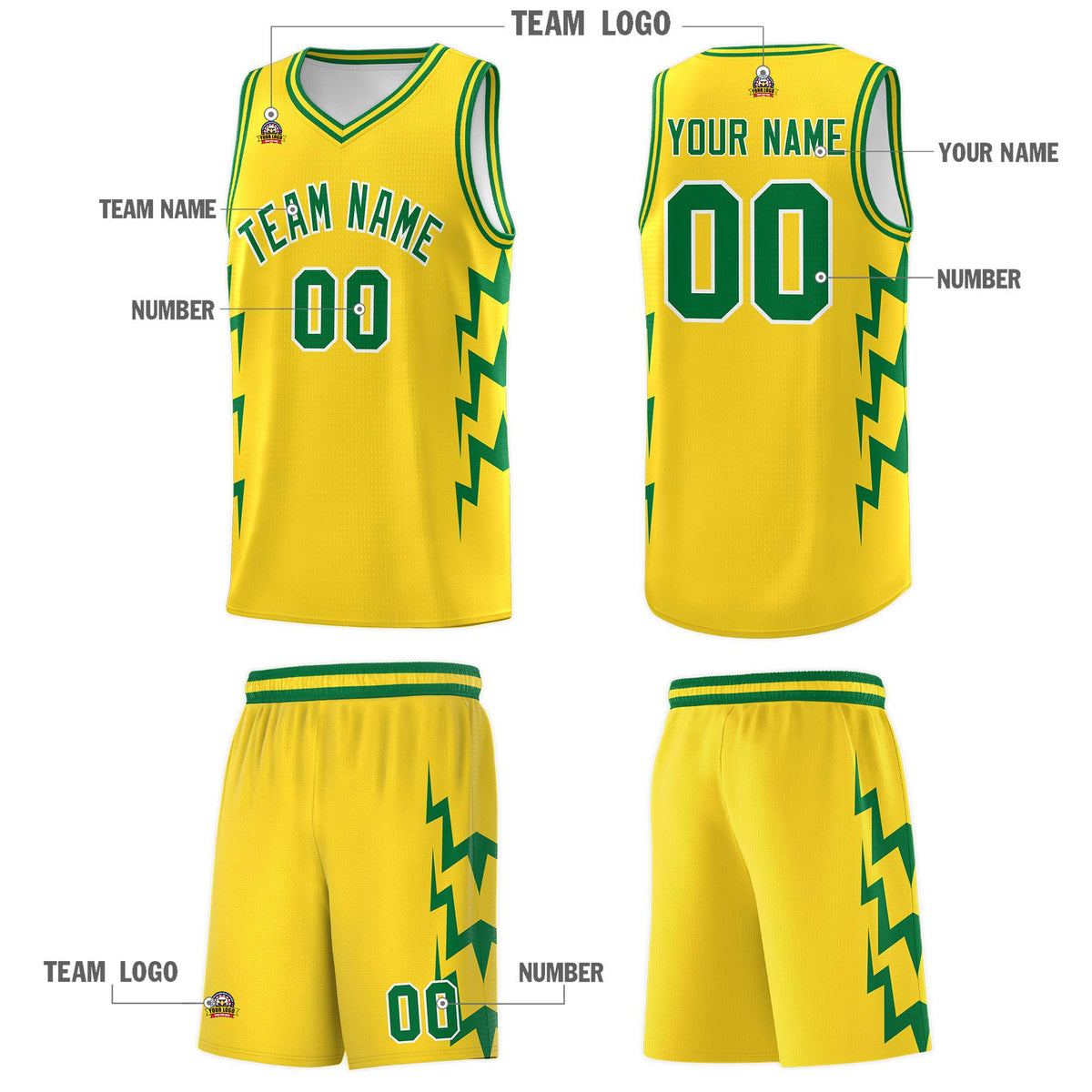 Custom Gold Side Lightning Pattern Sports Uniform Basketball Jersey