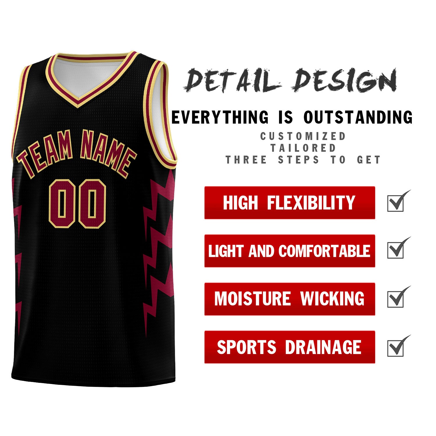 Custom Black Side Lightning Pattern Sports Uniform Basketball Jersey