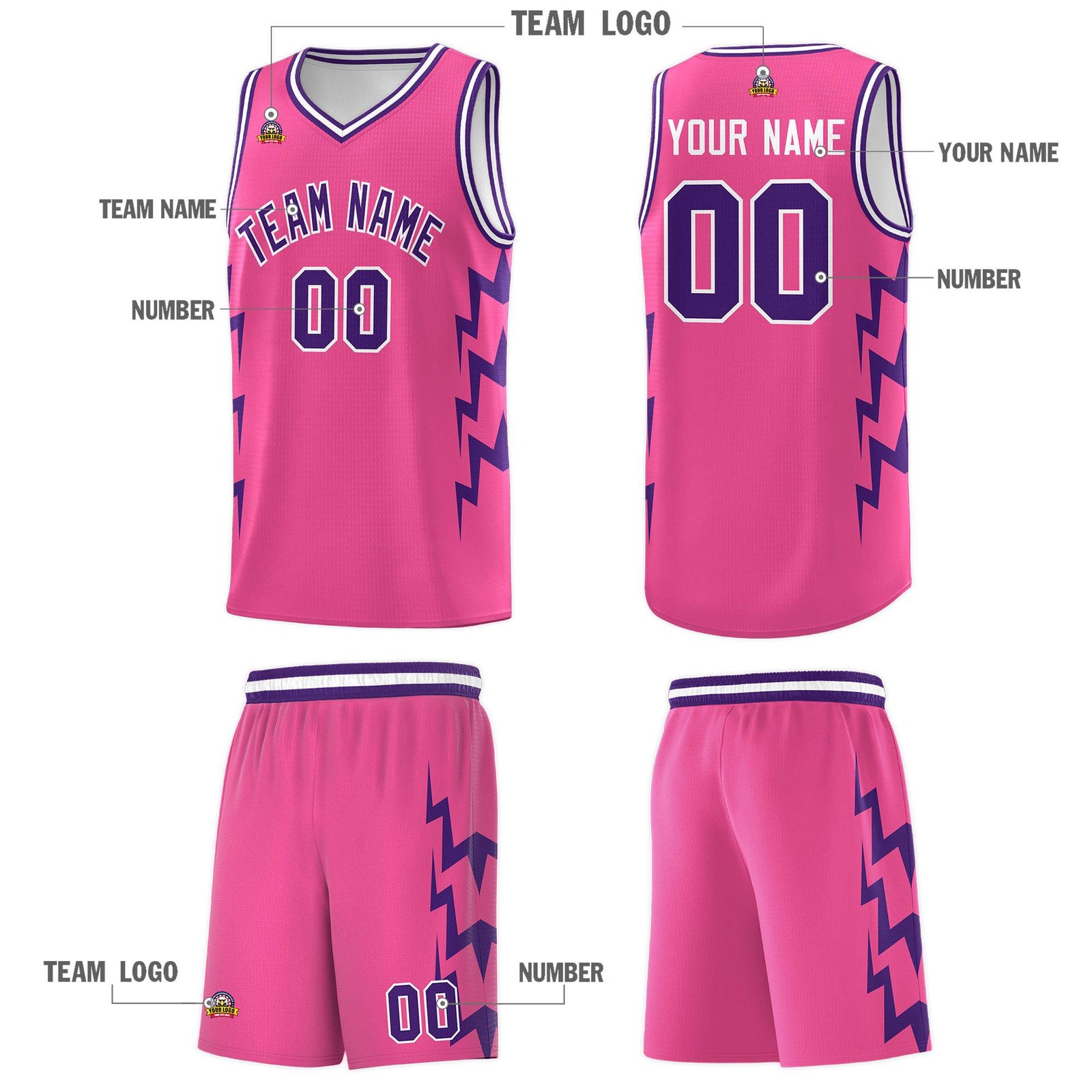 Custom Pink Side Lightning Pattern Sports Uniform Basketball Jersey