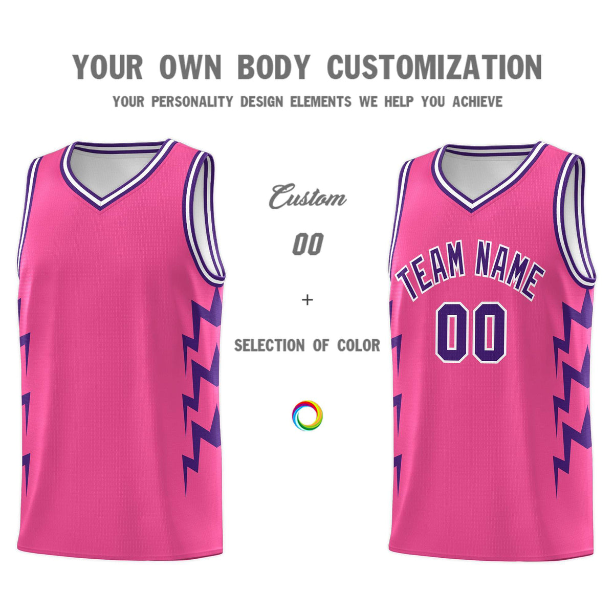 Custom Pink Side Lightning Pattern Sports Uniform Basketball Jersey