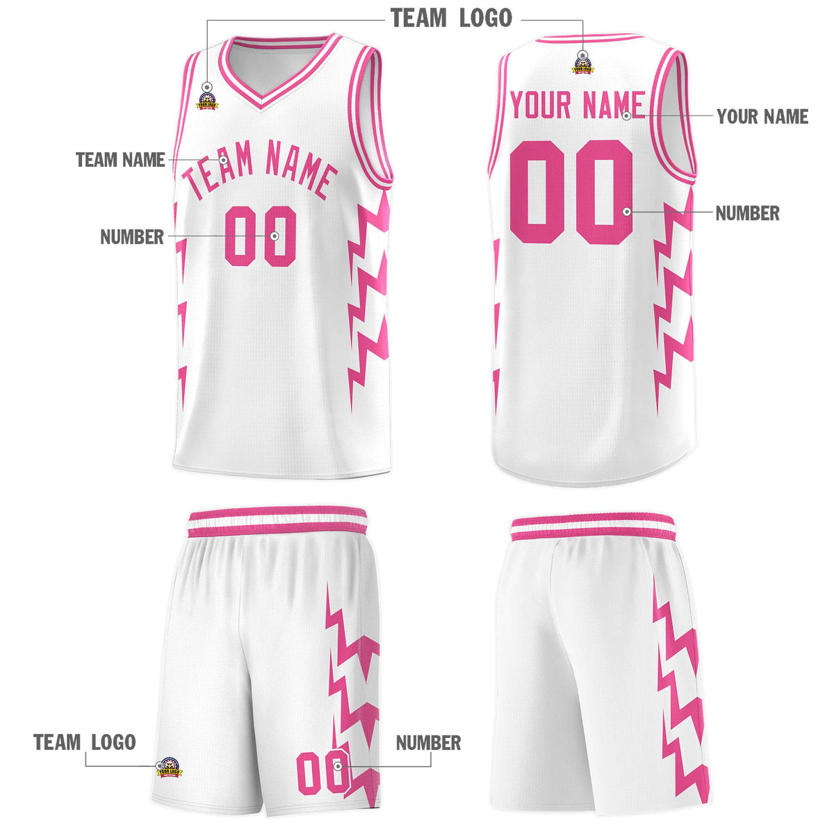 Custom White Side Lightning Pattern Sports Uniform Basketball Jersey