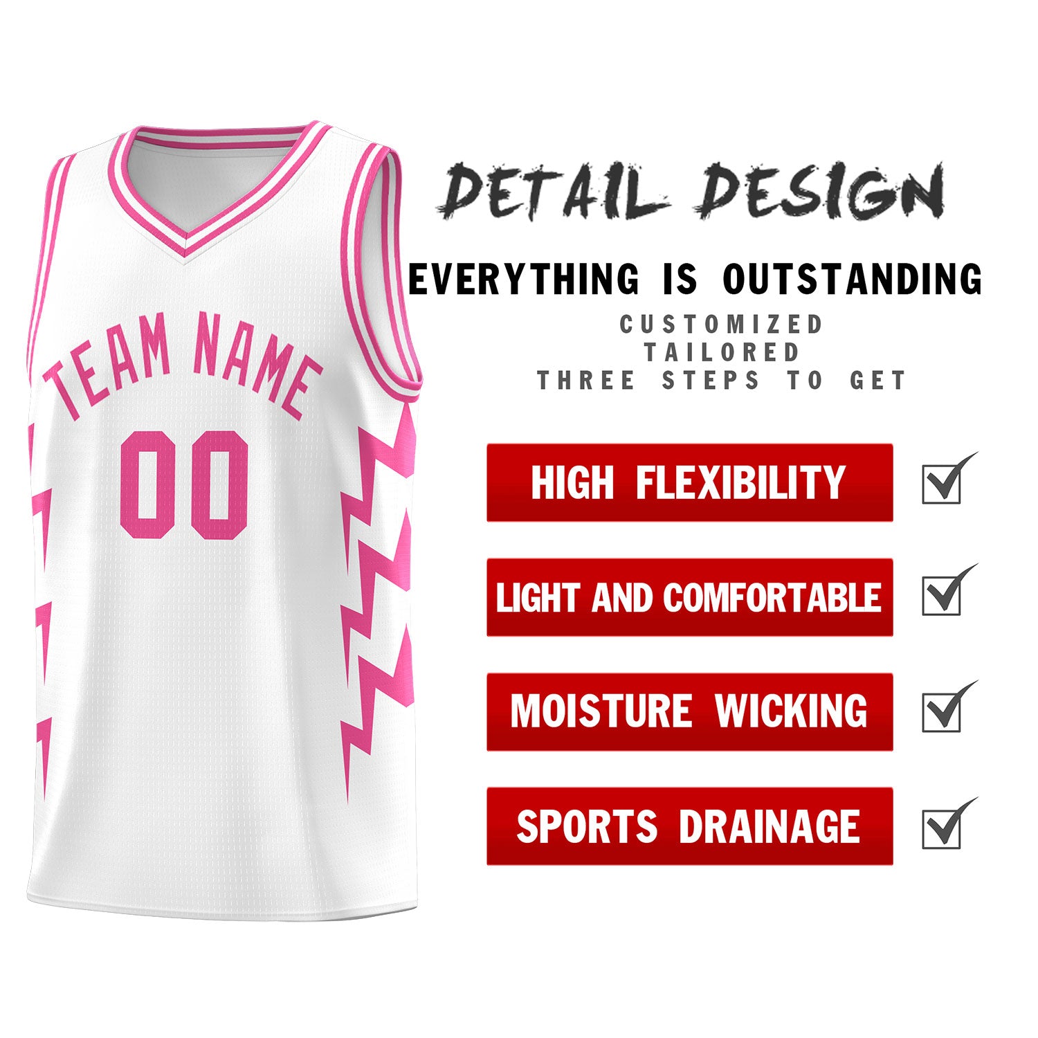 Custom White Side Lightning Pattern Sports Uniform Basketball Jersey