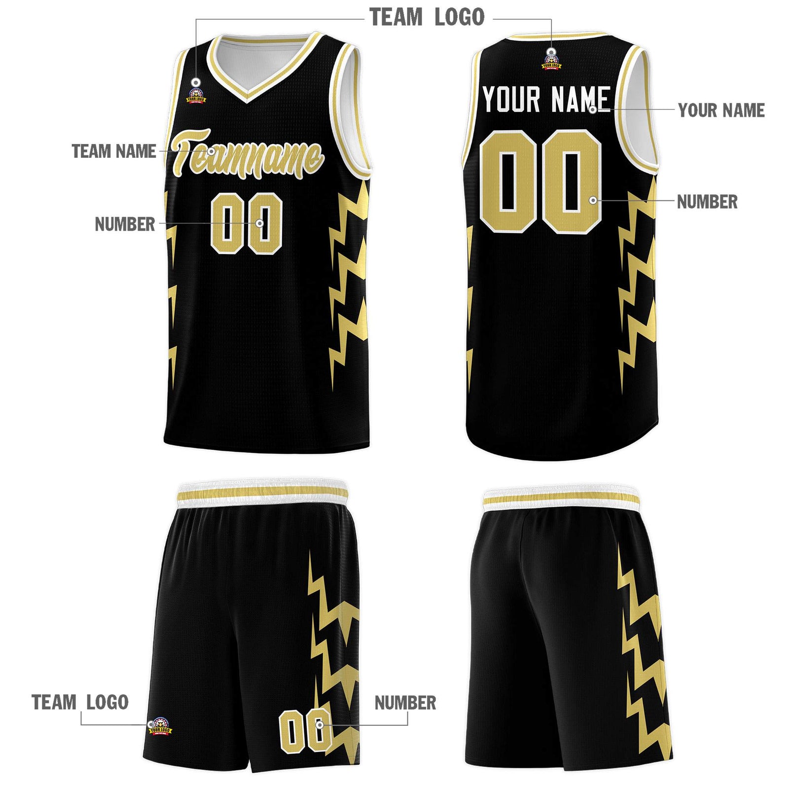Custom Black Side Lightning Pattern Sports Uniform Basketball Jersey