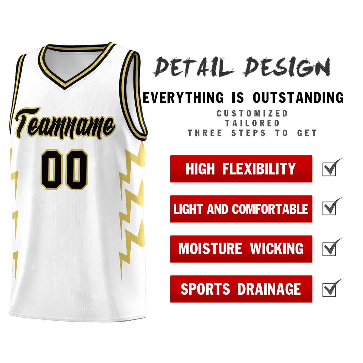 Custom White Side Lightning Pattern Sports Uniform Basketball Jersey