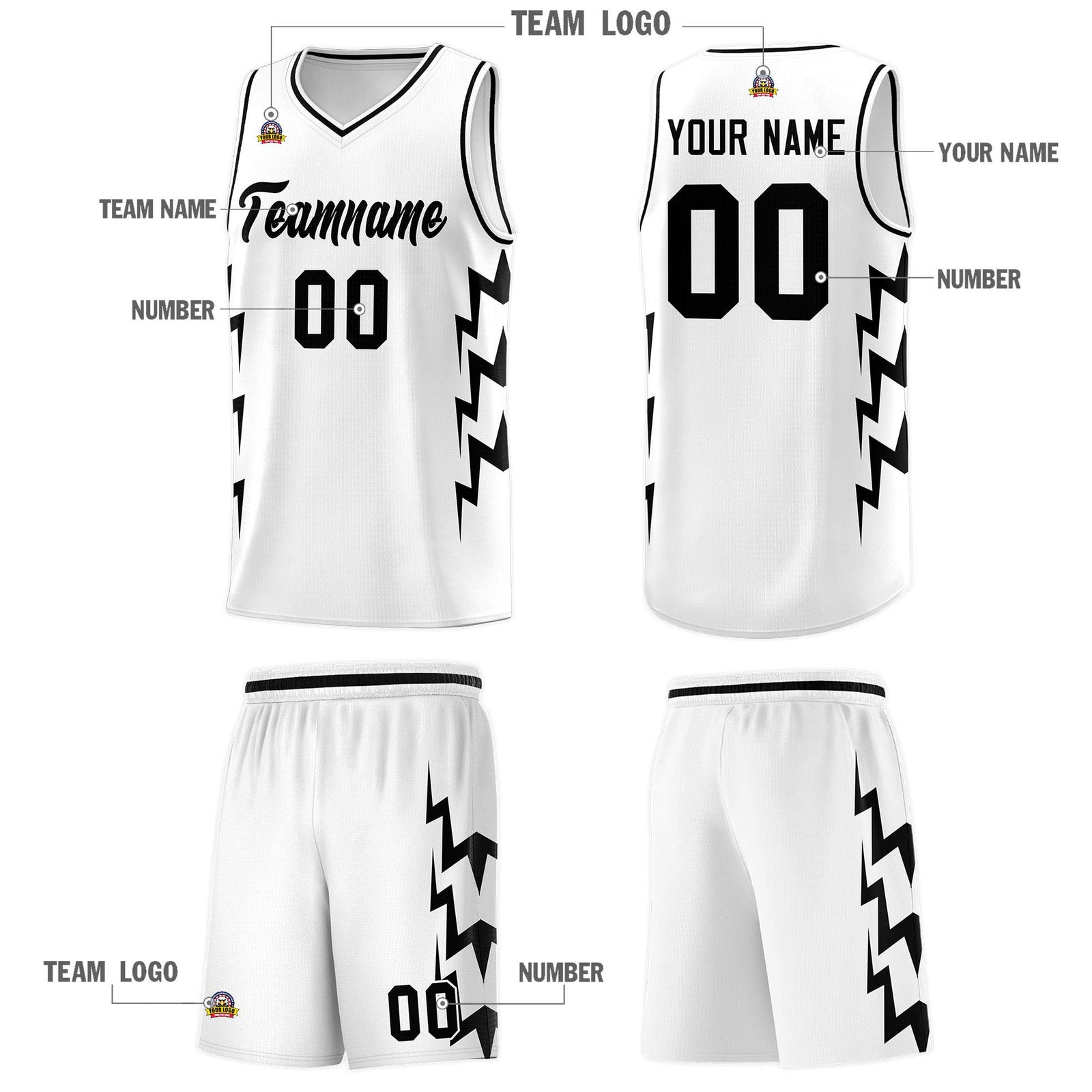 Custom White Side Lightning Pattern Sports Uniform Basketball Jersey
