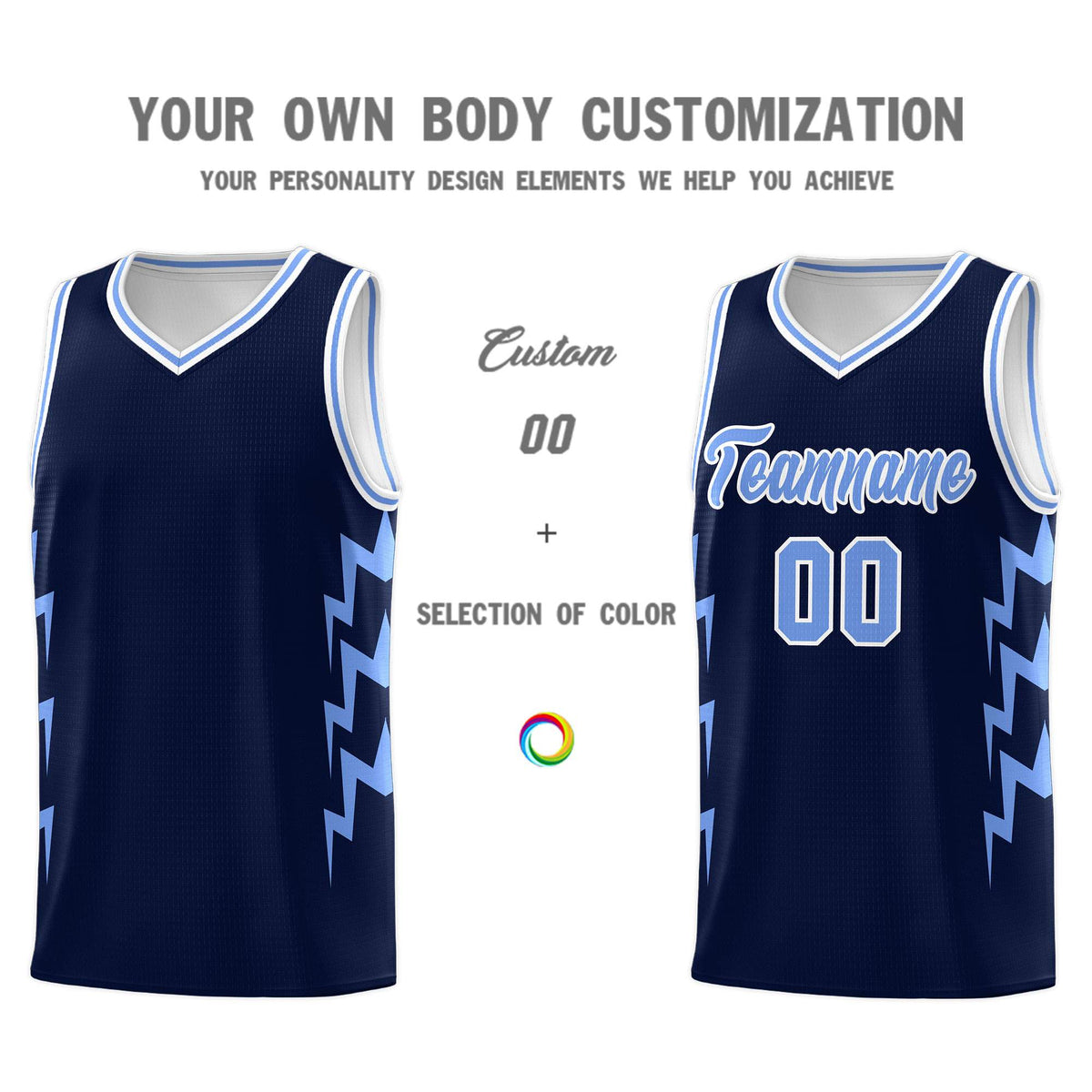 Custom Navy Side Lightning Pattern Sports Uniform Basketball Jersey