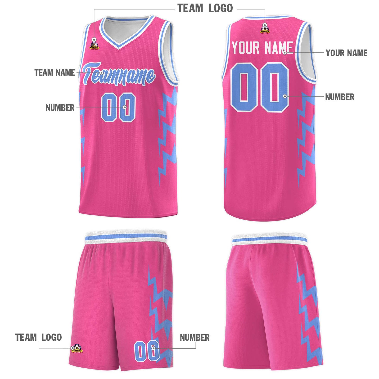 Custom Pink Side Lightning Pattern Sports Uniform Basketball Jersey