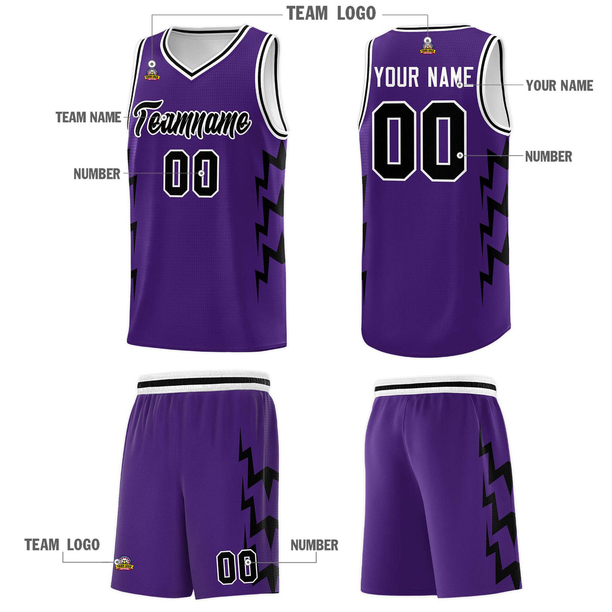 Custom Purple Side Lightning Pattern Sports Uniform Basketball Jersey