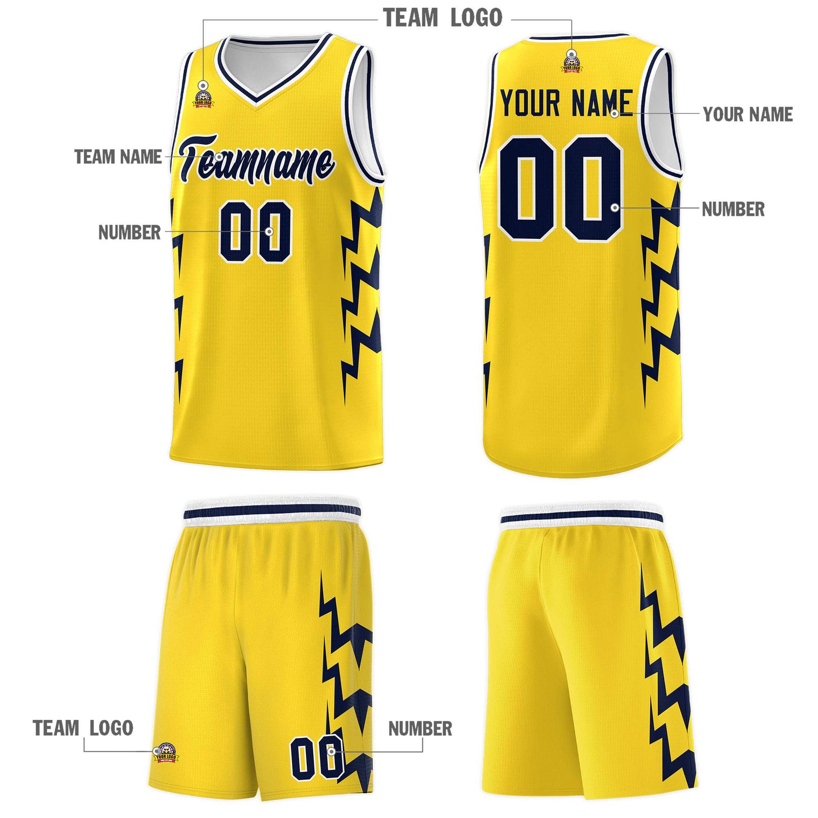 Custom Gold Side Lightning Pattern Sports Uniform Basketball Jersey