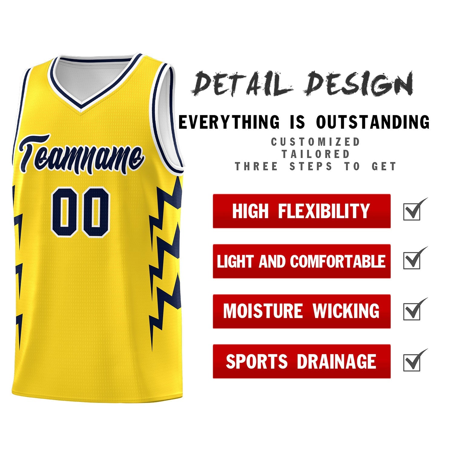 Custom Gold Side Lightning Pattern Sports Uniform Basketball Jersey