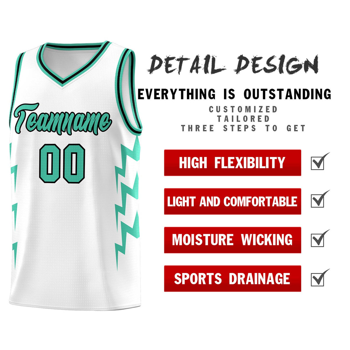 Custom White Side Lightning Pattern Sports Uniform Basketball Jersey