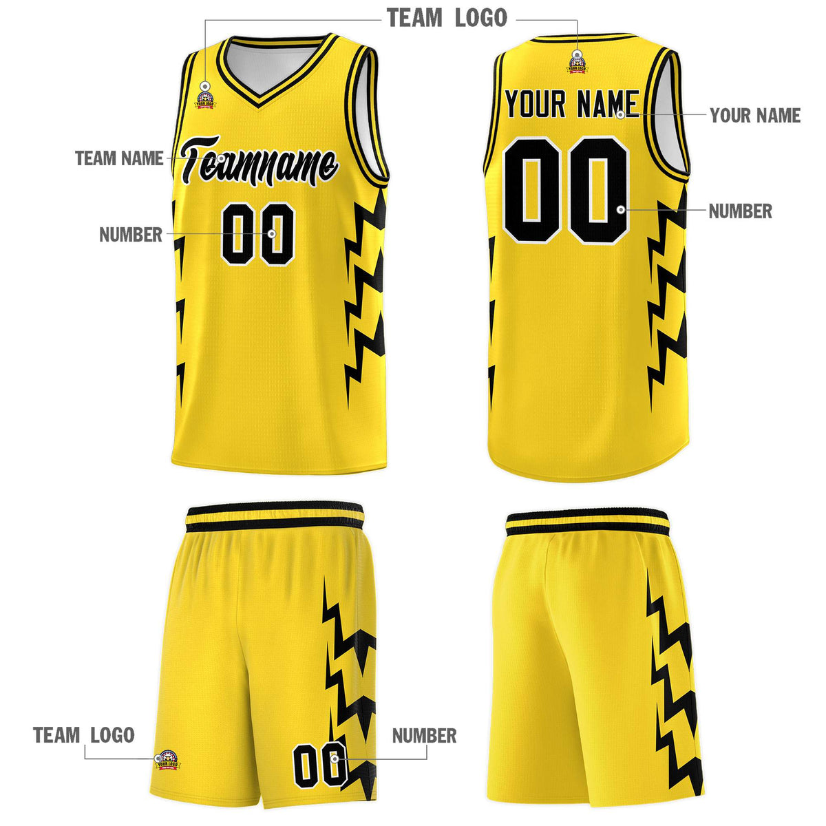 Custom Gold Side Lightning Pattern Sports Uniform Basketball Jersey