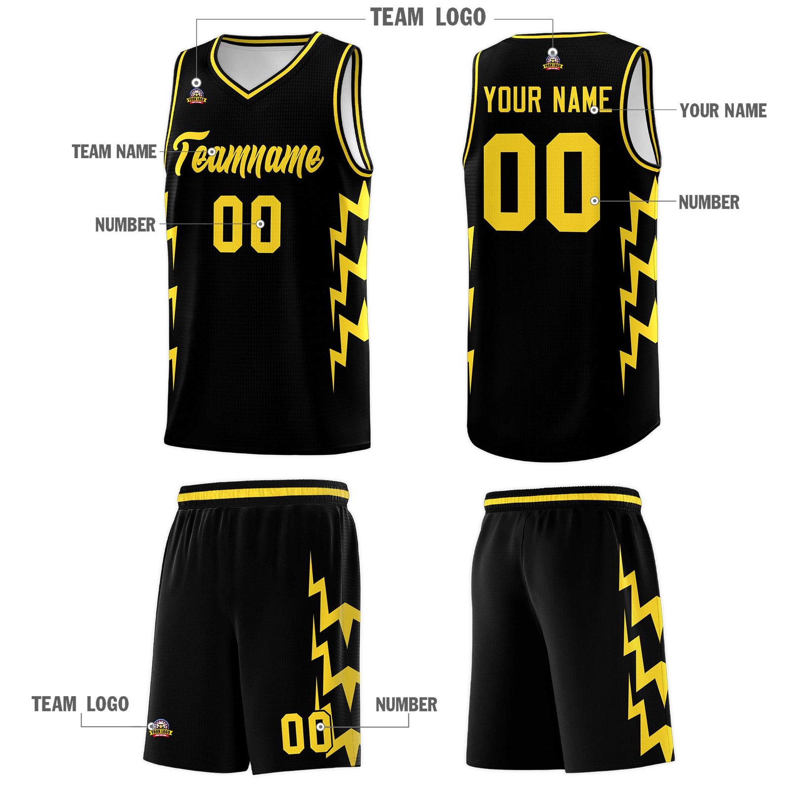 Custom Black Side Lightning Pattern Sports Uniform Basketball Jersey