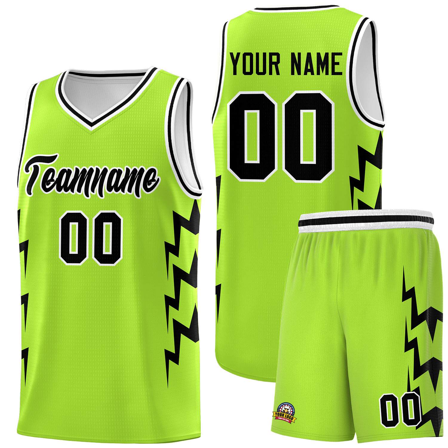 Custom Neon Green Side Lightning Pattern Sports Uniform Basketball Jersey