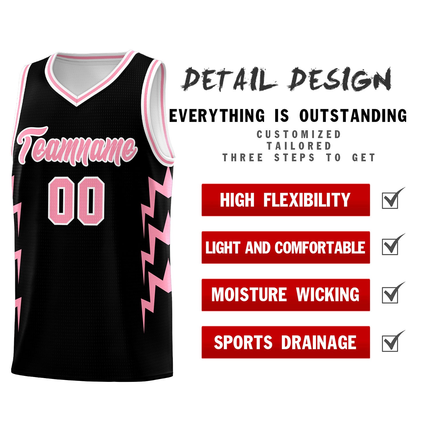 Custom Black Side Lightning Pattern Sports Uniform Basketball Jersey