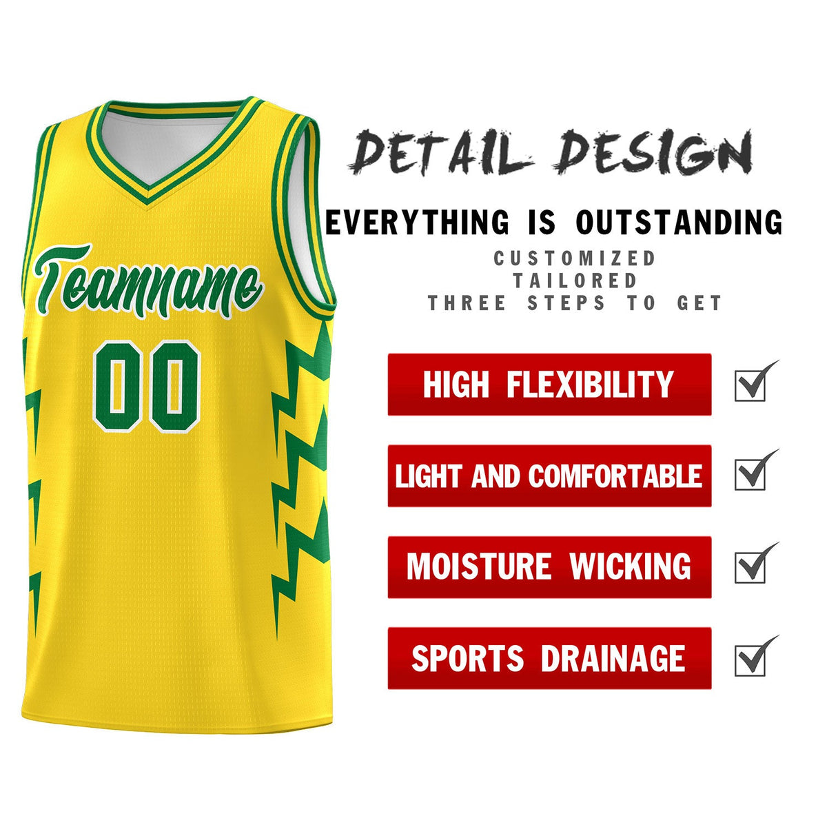 Custom Gold Side Lightning Pattern Sports Uniform Basketball Jersey
