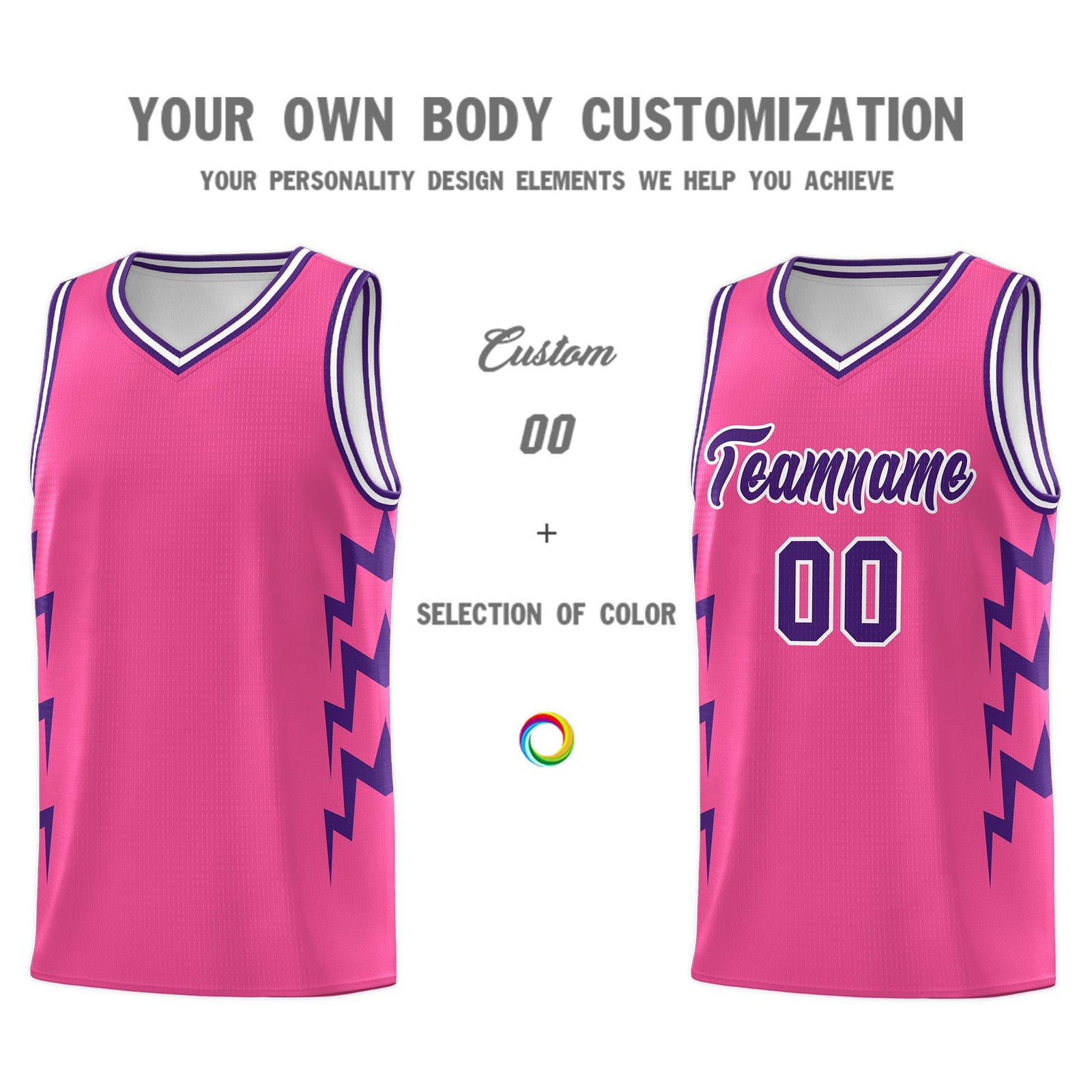 Custom Pink Side Lightning Pattern Sports Uniform Basketball Jersey