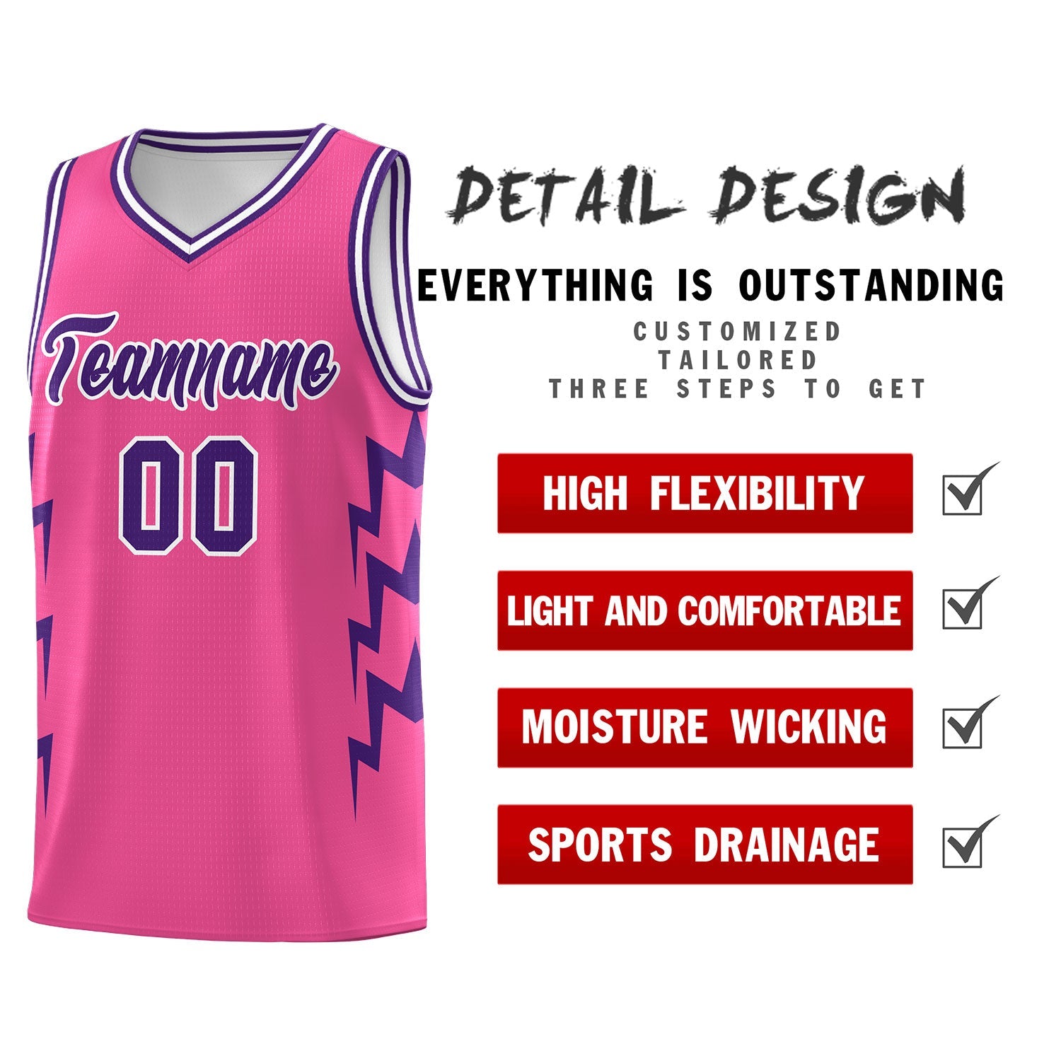Custom Pink Side Lightning Pattern Sports Uniform Basketball Jersey