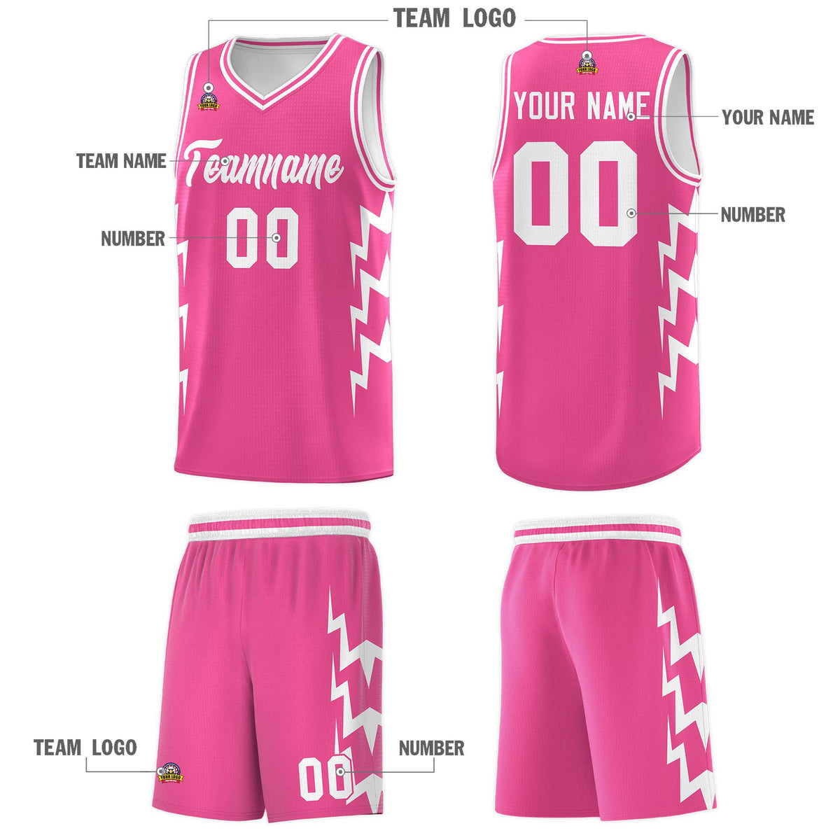 Custom Pink Side Lightning Pattern Sports Uniform Basketball Jersey