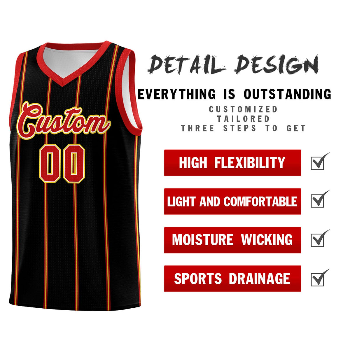 Custom Black Red White Gold Vertical Stripes Single Sided Sets Basketball Jersey | For Men,Stitched,Perfect for Training,Add Name and Numbern | KXKSHOP