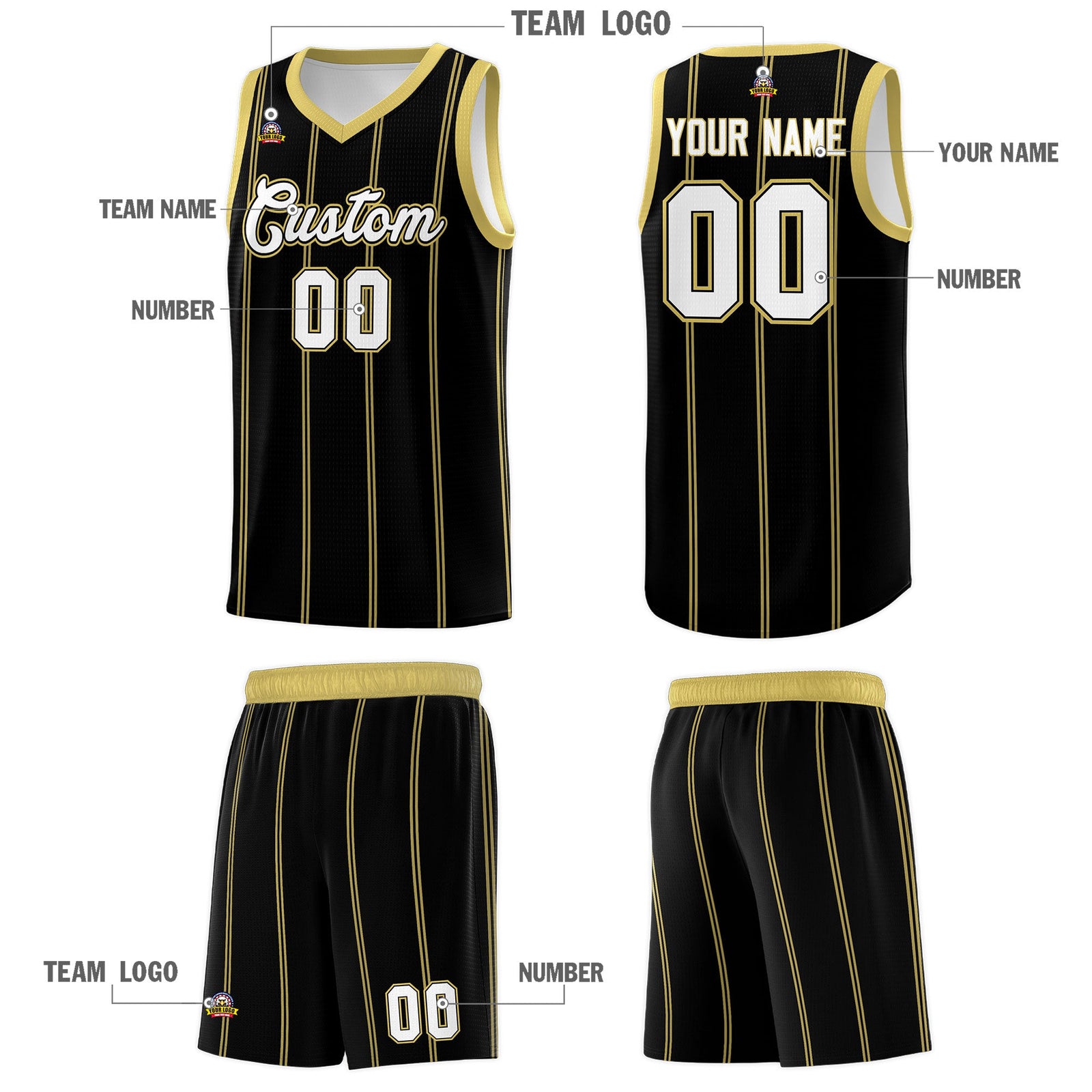 Custom Black Old Gold White Vertical Stripes Single Sided Sets Basketball Jersey | For Men,Stitched,Perfect for Training,Add Name and Numbern | KXKSHOP
