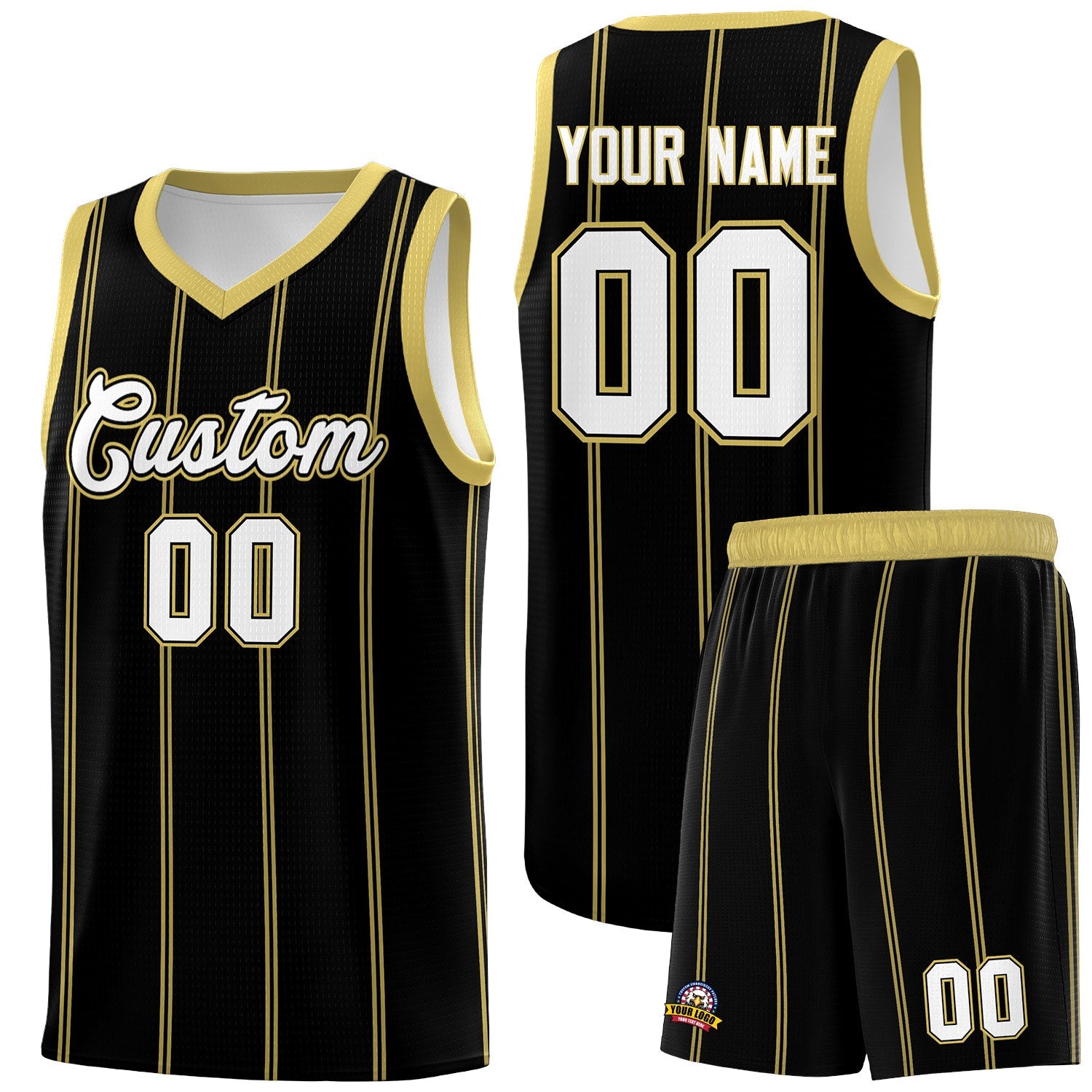 Custom Black Old Gold White Vertical Stripes Single Sided Sets Basketball Jersey | For Men,Stitched,Perfect for Training,Add Name and Numbern | KXKSHOP