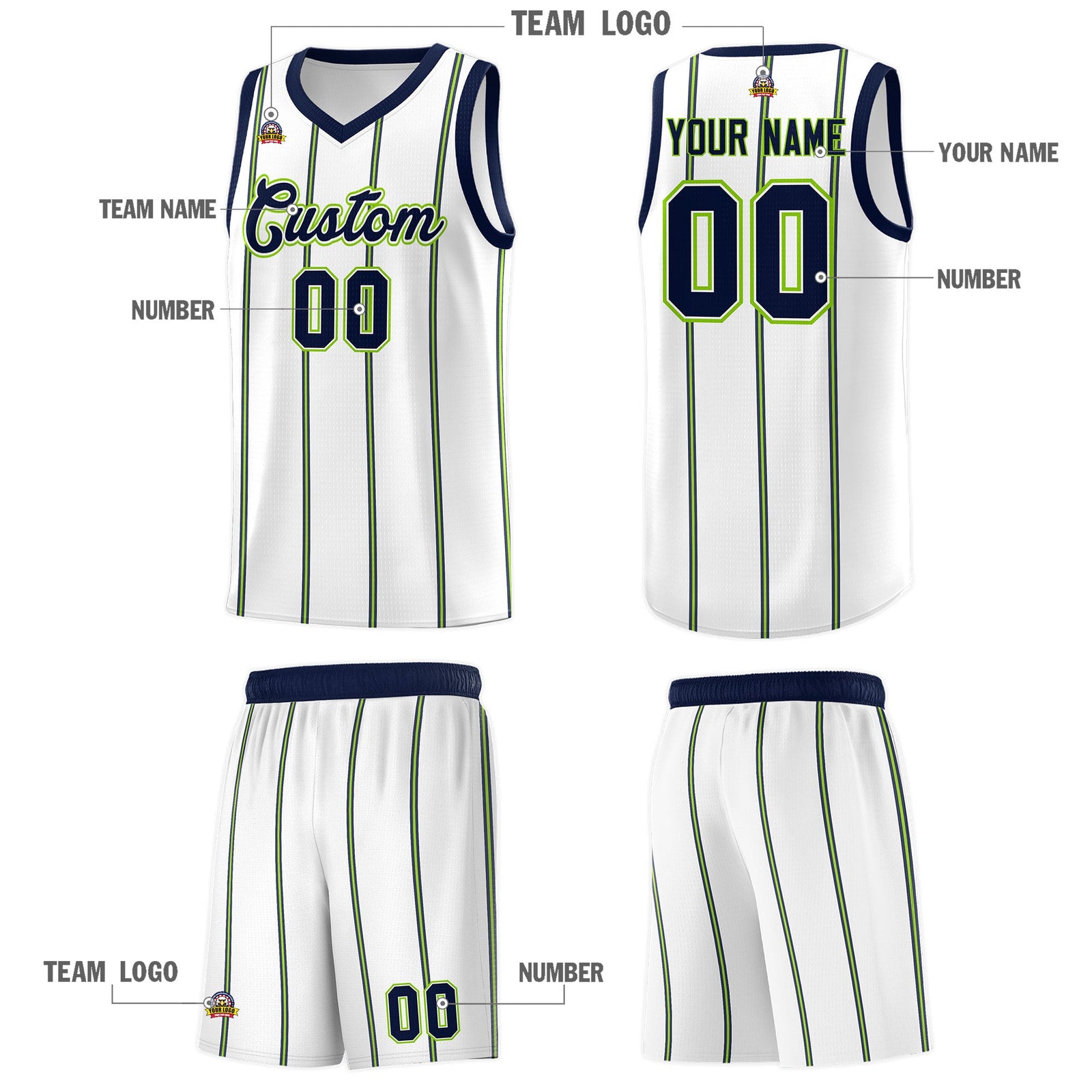 Custom White Navy Neon Green Vertical Stripes Single Sided Sets Basketball Jersey | For Men,Stitched,Perfect for Training,Add Name and Numbern | KXKSHOP