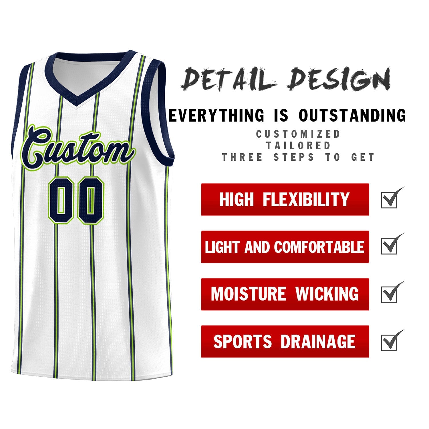 Custom White Navy Neon Green Vertical Stripes Single Sided Sets Basketball Jersey | For Men,Stitched,Perfect for Training,Add Name and Numbern | KXKSHOP